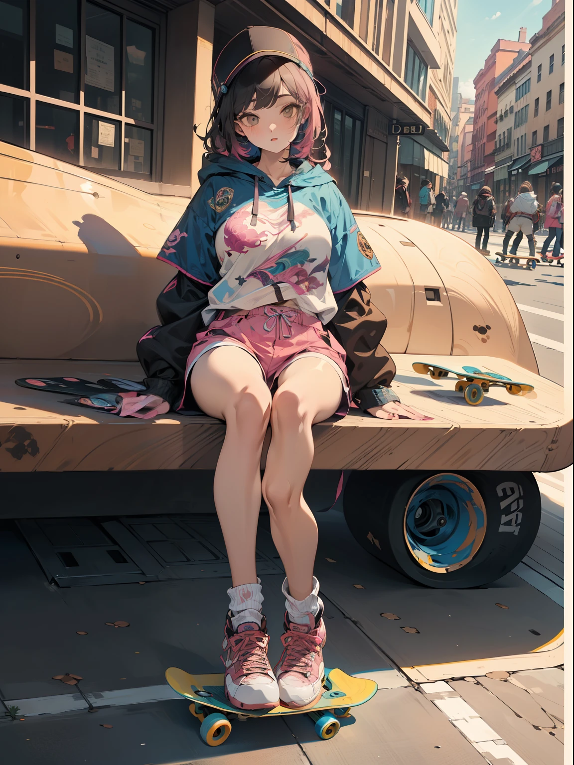 tmasterpiece, Best quality, (Very detailed CG unified 8k wallpaper) (Best quality), (Best Best Illustration), The best shadow, (A girl who skateboards: 1.3), , Cute big breasts, Chevoglis Court, Hooded, Sweet cool, Shiny details for the eyes, (Colorful flight suits), Fashion shorts, (Color skateboard: 1.1), Pink, Yellow, blue, the street, Rochas, (Best quality, Stunningly detailed: 1.25), (Alone), Brilliant and colorful paintings