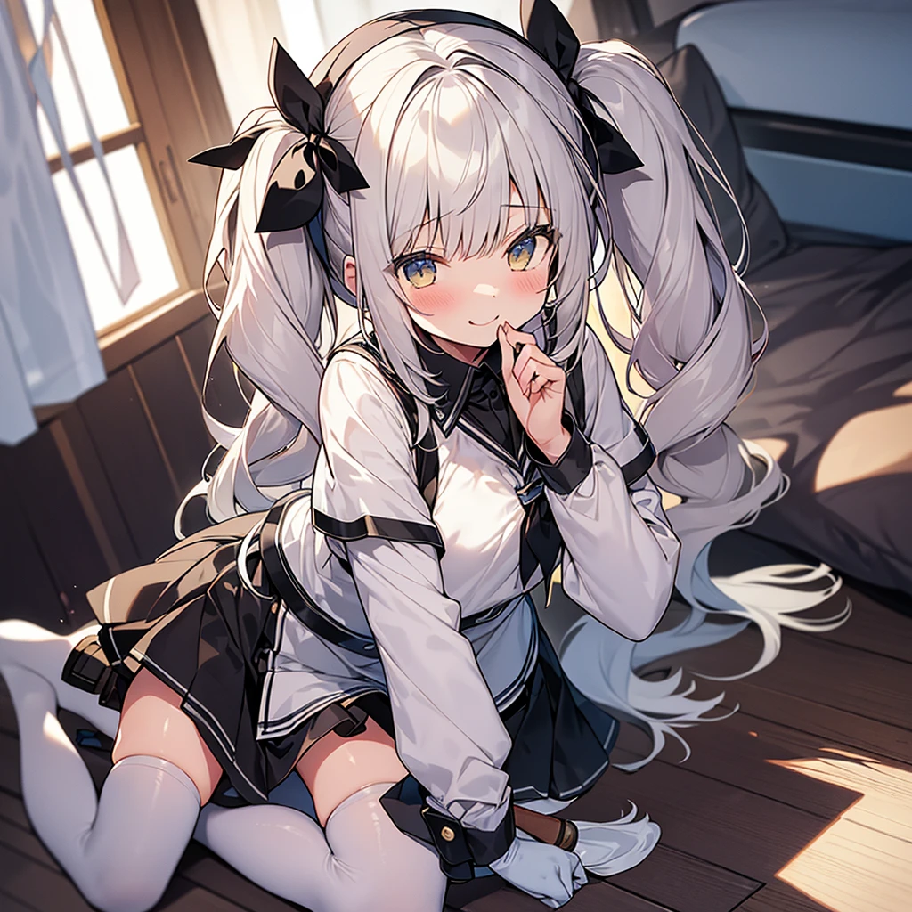 character anime , white hair, panda features,with both hair tied in two cute, Japanese school girl uniform, pleated skirt and knee-high socks, sneakers (FROM BLUE ARCHIVE)