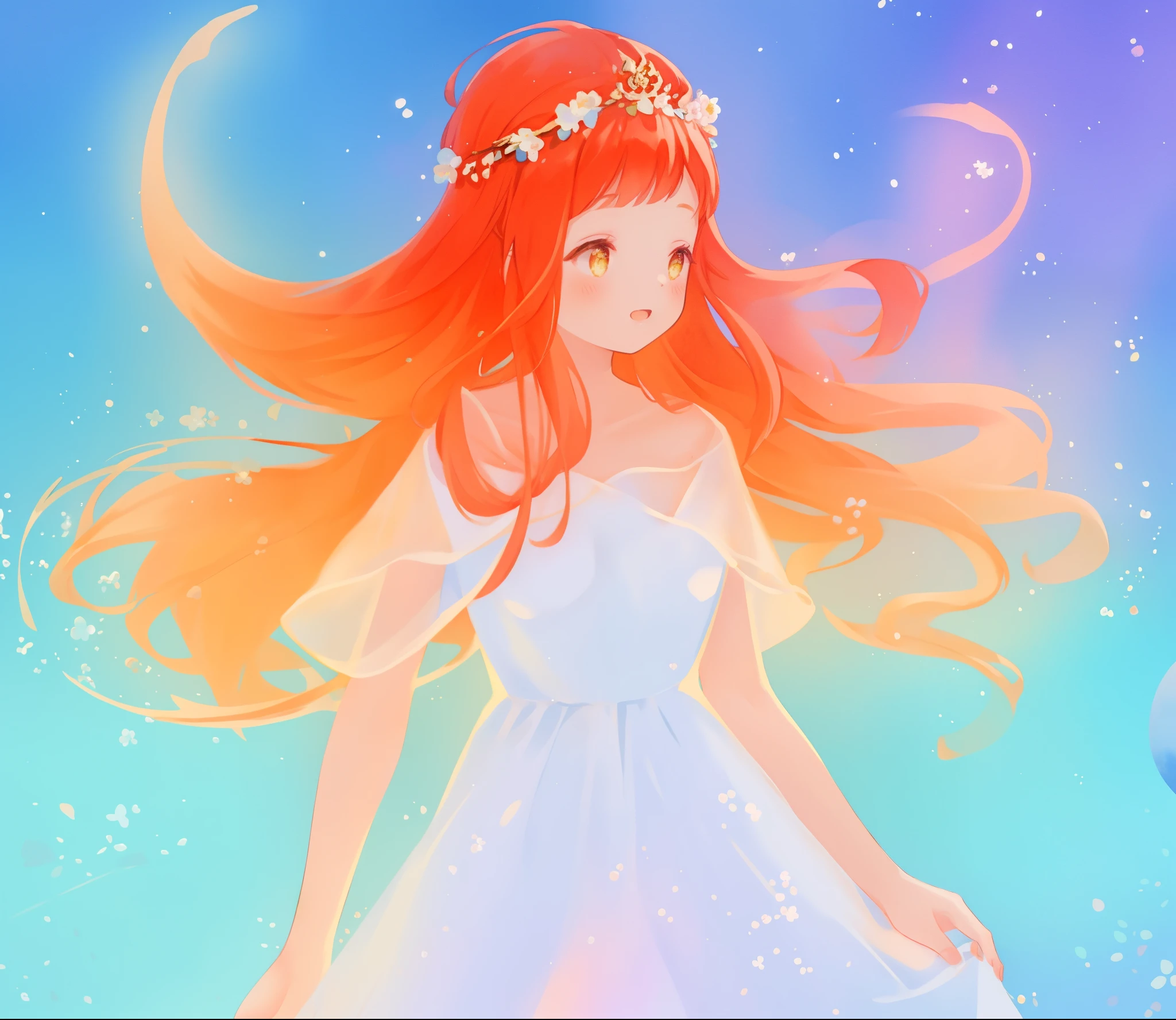 beautiful girl in sparkling white ballgown, puffy flowing ballgown, sheer fluttering sleeves, glowing ballgown, long red gold hair, colorful fantasia background, delicate crown of white flowers on her head, watercolor illustration, glowing lights, beautiful digital illustration, fantasia otherworldly landscape plants flowers, beautiful, masterpiece, best quality
