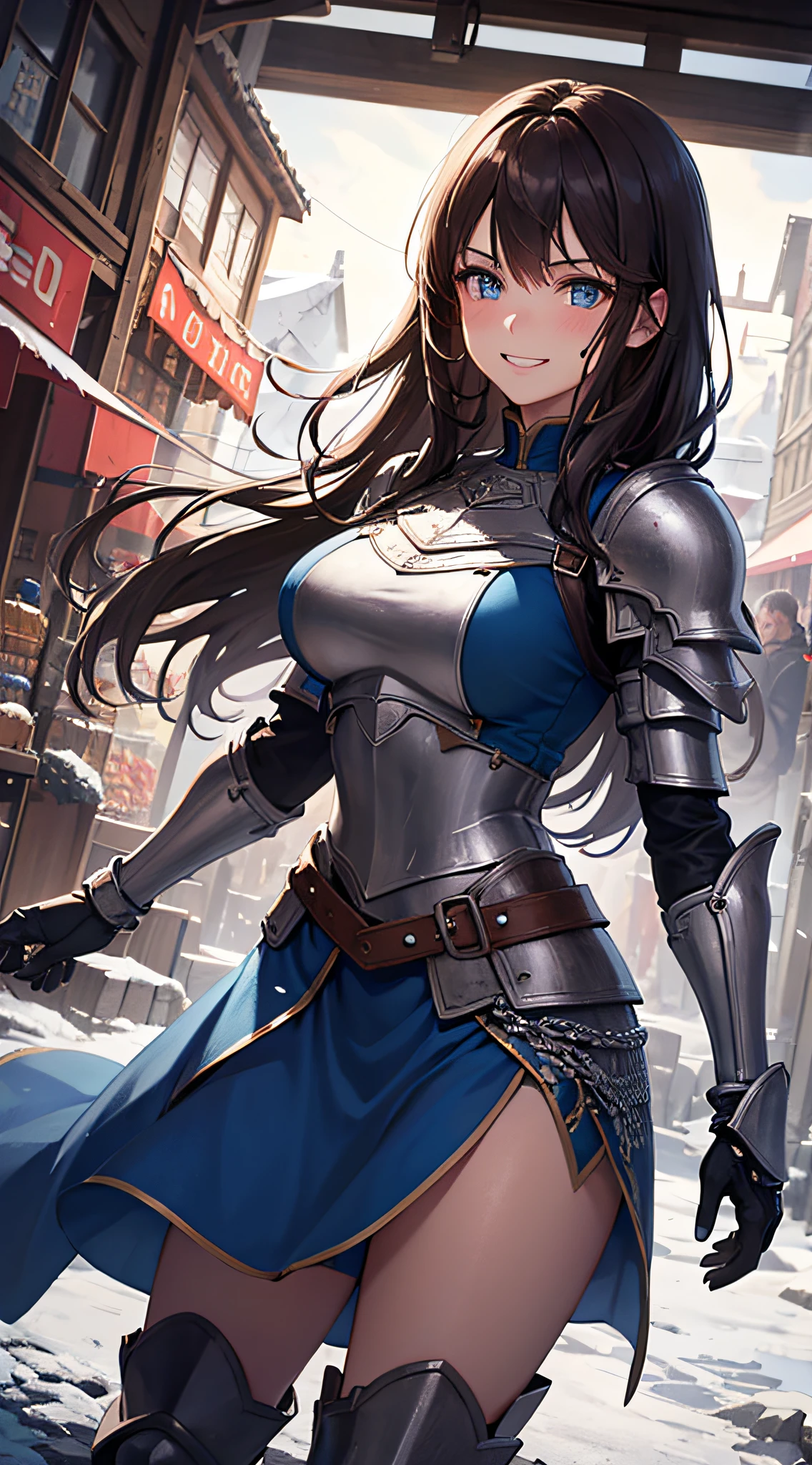 A woman in a blue dress and armor walking down a street - SeaArt AI