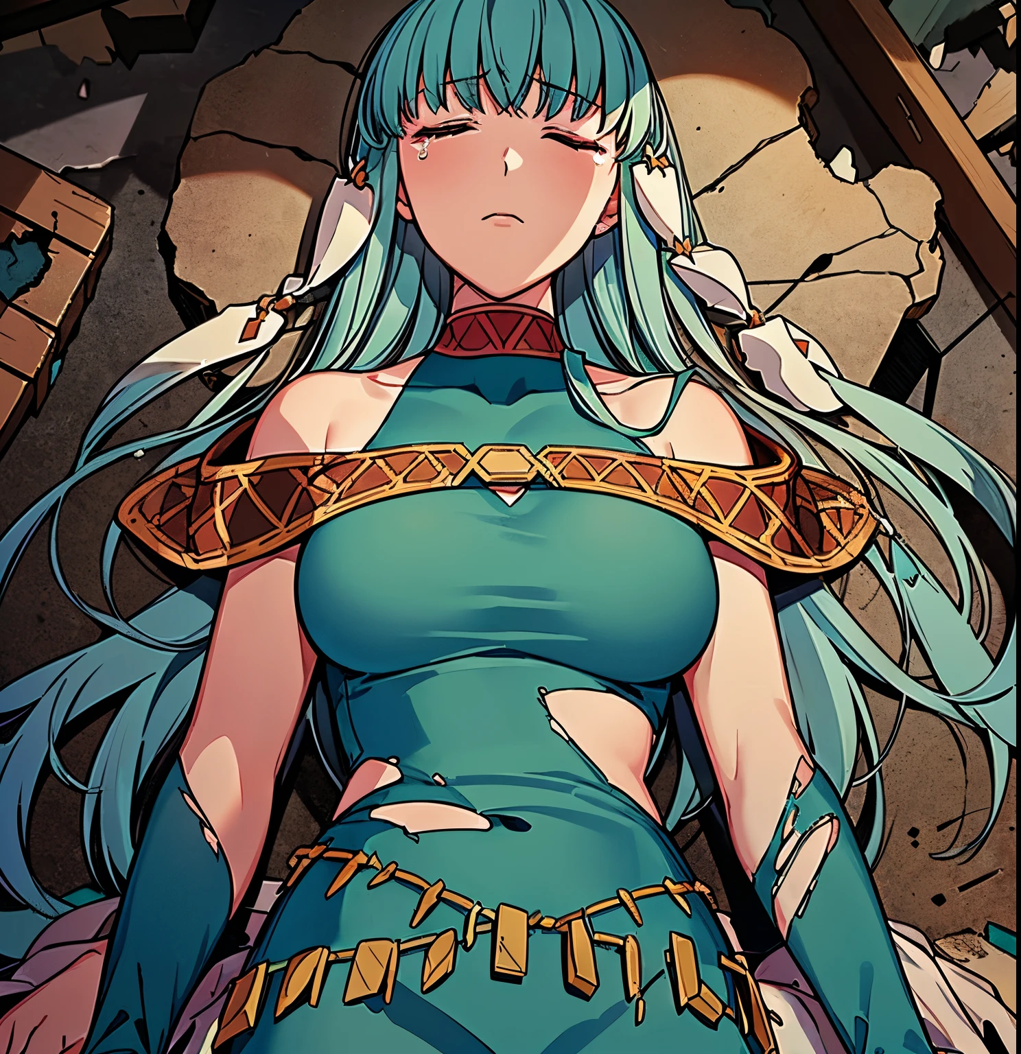 Ninian is lovingly languid in a crater after losing a tough battle, lieing lifeless and inert on debris, rubble, and weapons with torn pieces of fabric out of her dress. Her blue dresshas many rips and tears all; very it, leaving patches of the dress in necessary places. She cannot move from her prone position lieing on her back, unable to open her eyes or breath. (Ninian), (blue hair, blue eyes, large shapely breast, long hair, clammy and damp face), (Dress), (long blue armored dress with indigo and silver breast plate, demolished armor in pieces, heavily torn dress, bare shoulders, more small jewlery, ripped and torn dress, languid in a dark grey murky field, anguished facial expression, closed eyes) (anguished closed eyes:1), (Ninian languid, prone on her back, defeated in rubble and weapons:1.5), Ninian is listless and motionless in a dark grey foggy field:1.0, Ninian is sullied and dirty:1.2, ( Ninian lieing in debris and broken metal pieces:1.0), inside has rubble and many pieces of broken spears, blades, and shields covering Ninian, (4K quality, high quality, 4k quality Ninian and dress:1.0), (solo, one person, 1girl:1.5), ninian fe, red eyes, long dress, jewelry, dancer