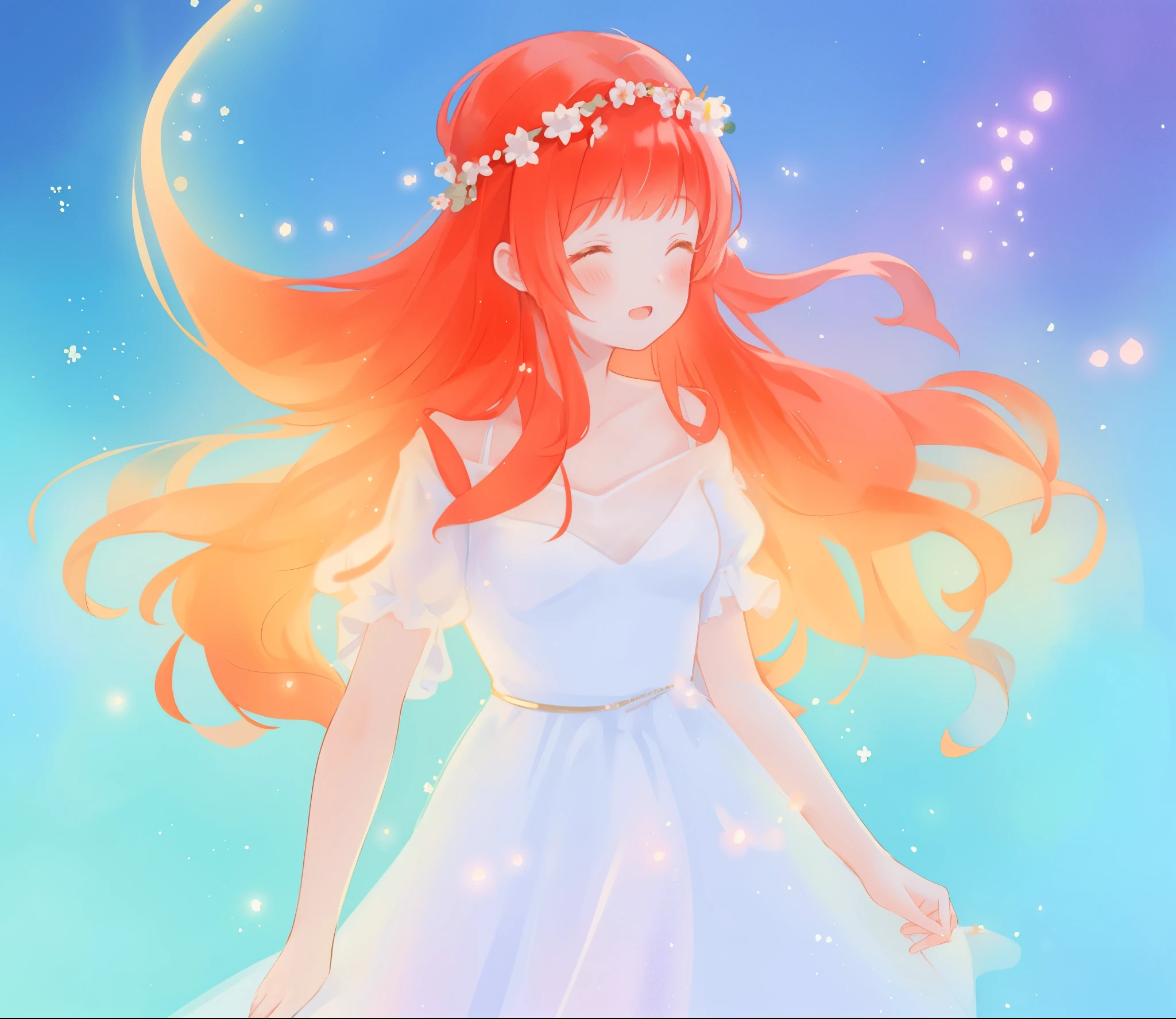 beautiful girl in sparkling white ballgown, puffy flowing ballgown, sheer fluttering sleeves, glowing ballgown, long red gold hair, colorful fantasia background, delicate crown of white flowers on her head, watercolor illustration, glowing lights, beautiful digital illustration, fantasia otherworldly landscape plants flowers, beautiful, masterpiece, best quality