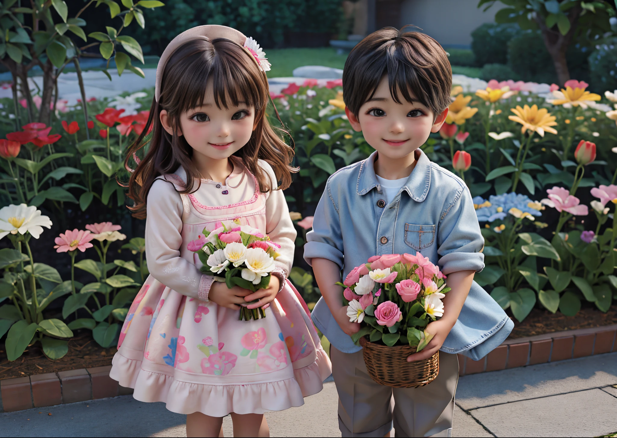((5 year old boy and 5 year old girl))、a couple、the girl has a bouquet of flowers、Wearing children's clothing、huge smile、In the flower garden、Playing、Perfect litthing、high-detail、high-level image quality、High color rendering、hight resolution、A hyper-realistic、photo realistic