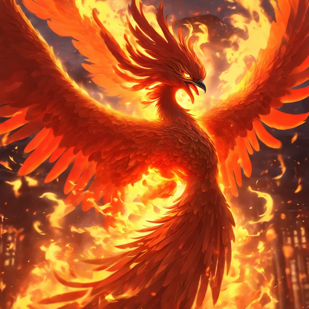 [Fire Phoenix]，raging fire ；Circular composition；Heraldic silhouette, Logo mask style illustration,Phoenix full body close-up，fire and flames, With wings of blazing golden flames,Weaken eyes，fire in eyes。 With fiery golden wings, Epic fantasy art style, artistic conception | Art germ, Chinese Phoenix, Very detailed ArtGerm, epic fantasy digital art style, mythological beasts, Elementalist full painting, epic beautiful art
