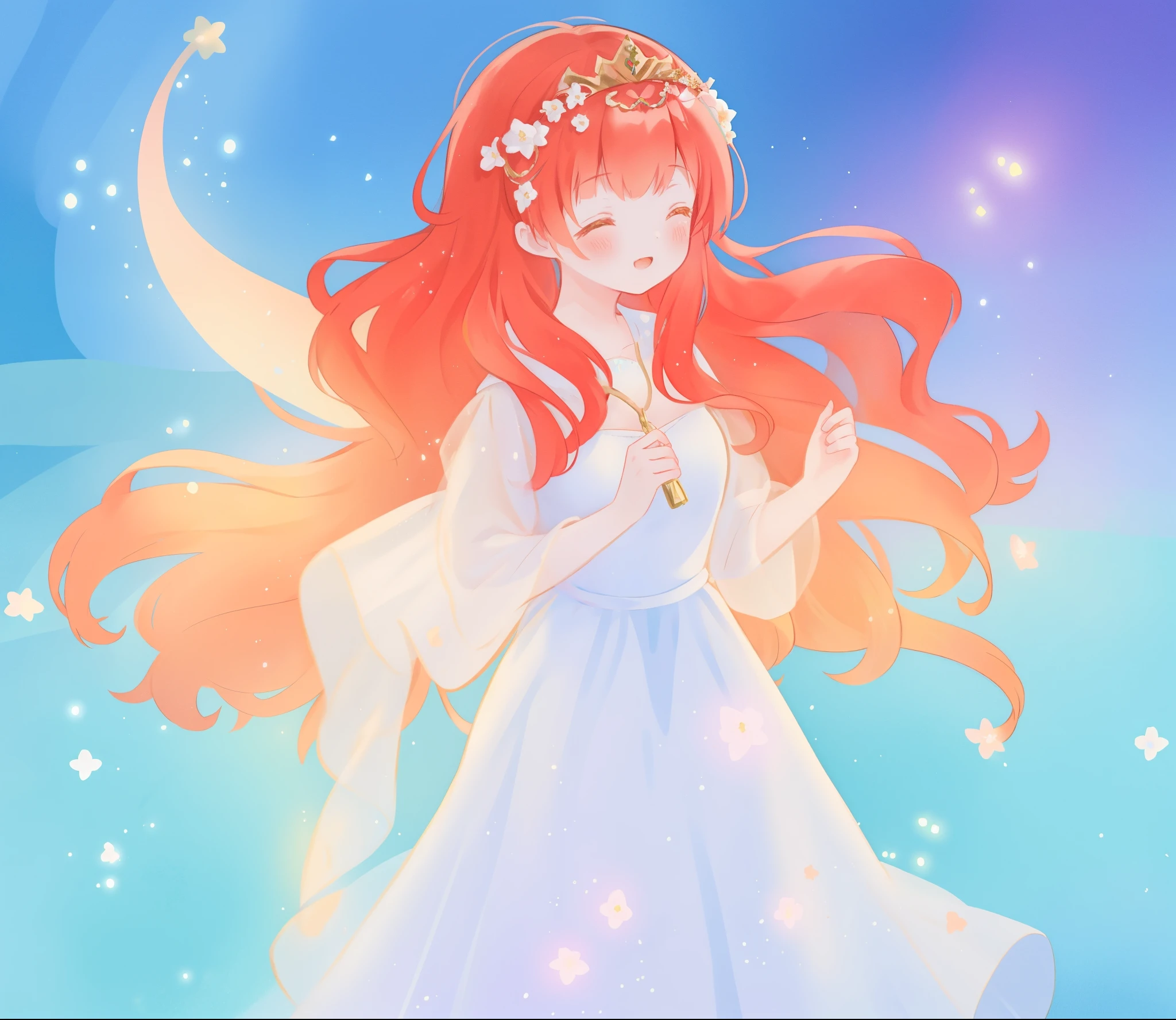beautiful girl in sparkling white ballgown, puffy flowing ballgown, sheer fluttering sleeves, glowing ballgown, long red gold hair, colorful fantasia background, delicate crown of white flowers on her head, watercolor illustration, glowing lights, beautiful digital illustration, fantasia otherworldly landscape plants flowers, beautiful, masterpiece, best quality
