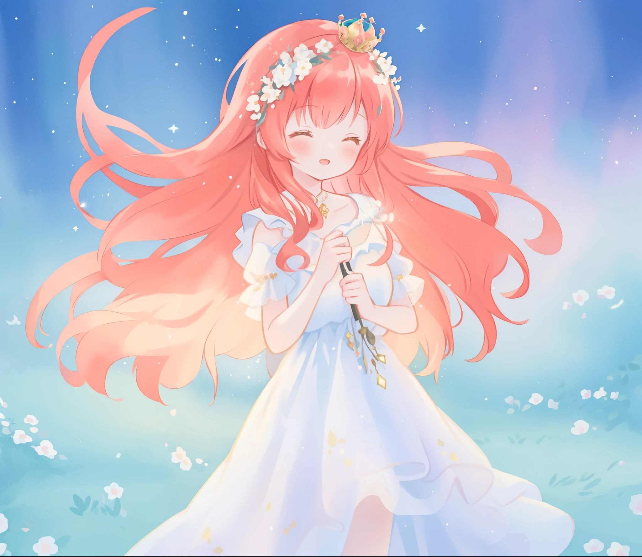 beautiful girl in sparkling white ballgown, puffy flowing ballgown, sheer fluttering sleeves, glowing ballgown, long red gold hair, colorful fantasia background, delicate crown of white flowers on her head, watercolor illustration, glowing lights, beautiful digital illustration, fantasia otherworldly landscape plants flowers, beautiful, masterpiece, best quality