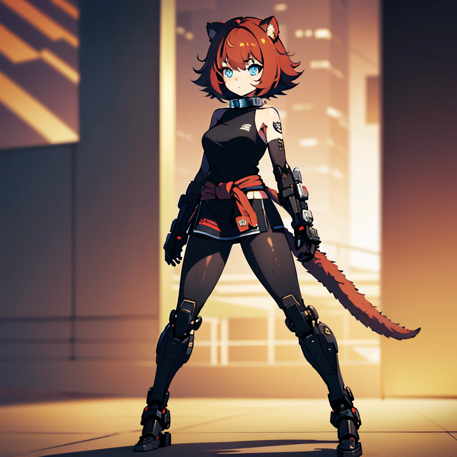 Masterpiece, intricate, anime style, full body, 1girl, rakkun, mecha girl, tanuki ears, red inner ears, red inner ear hair, 1tail, fluffy tail, racoon tail, brown and light brown ringed tail, beautiful eyes, detailed eyes, red and blue eyes blurred, cyber eyes, short hair, red inner hair, brown hair, a strand of hair on the left side, red hair strips, cybernetic body, mecha arms, mecha legs, mechanical arms, mechanical legs, short black shirt uncovered on the shoulders and with a black mesh with black borders up to the collar, polo shirt, short black skitr whit dark red checkered, black belt around the waist, looking at viewer, detailed face, best quality, 4k,highres, professional art, professional drawing, professional lineart, outlined markers