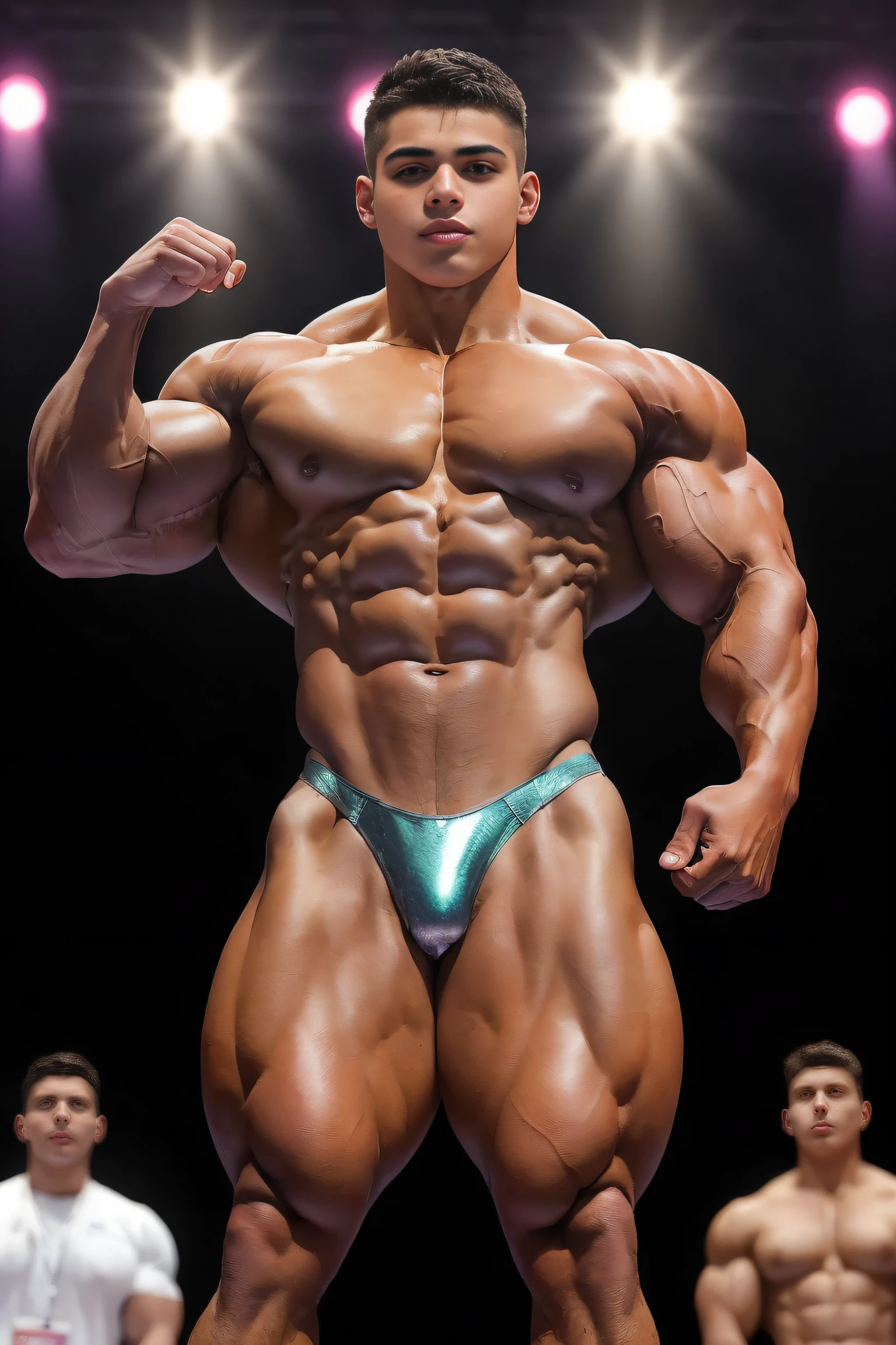 (Dark boy) A in the bodybuilding competition, on stage with others bodybuilders at his sides of 15 yxican ethnicity) wearing a tiny thong (metallic color: silver thong) tan skin massive muscular bodybuilder with extraordinary biceps pectorals triceps traps, plump, Gigachad