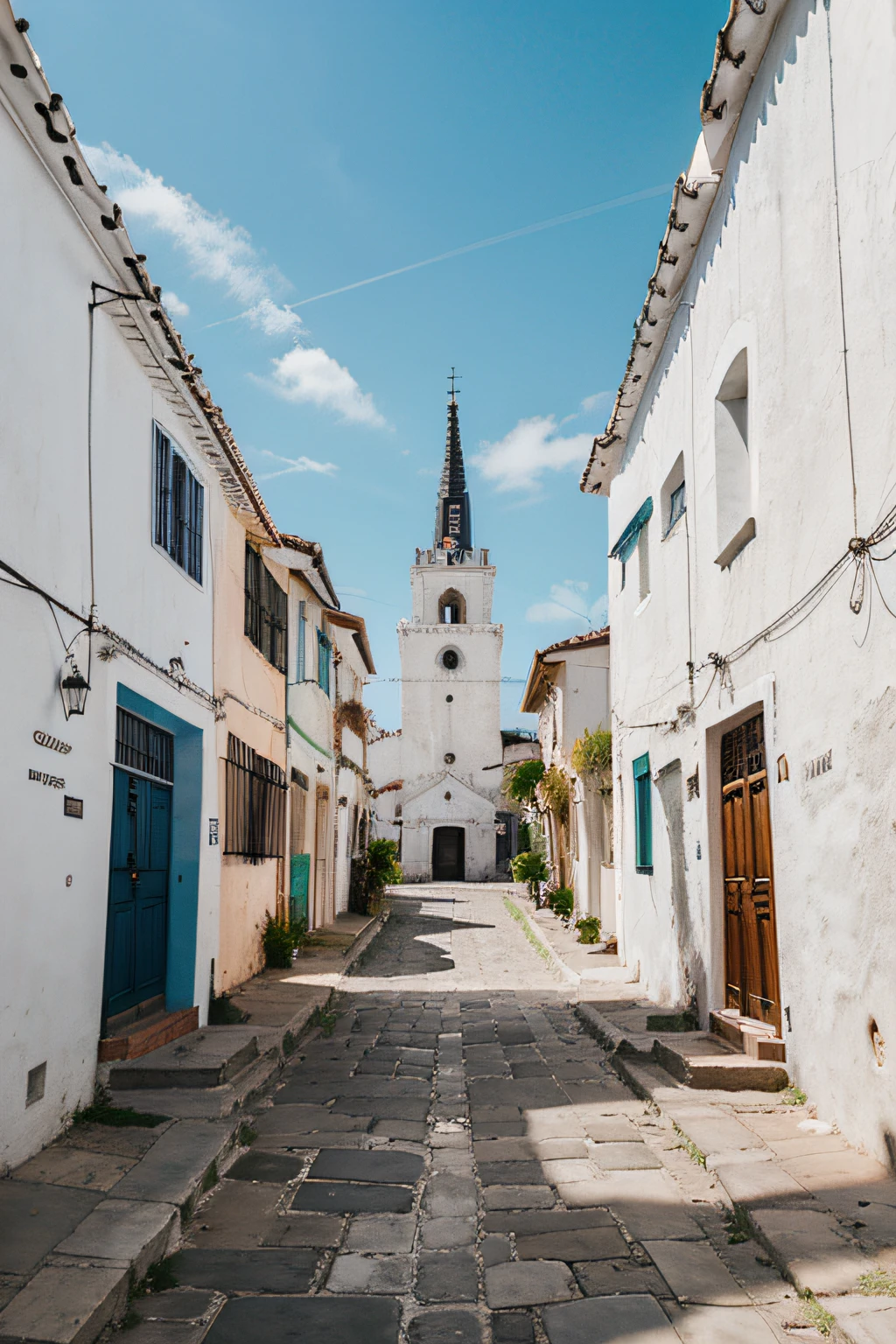 calle de un pueblo mexicano suelo empedrado con casas blancas con techos de teja al fondo  se la calle se ve una iglesia colonial con 2 torres con campanarios en una tarde soleada