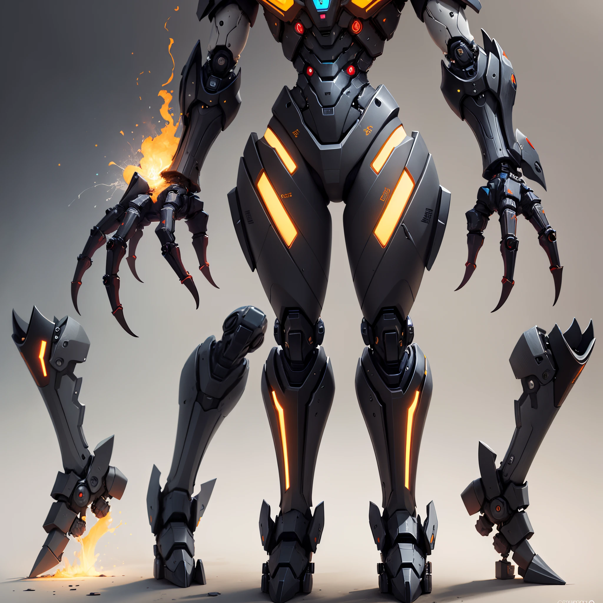 Design a black mech with 4 legs and 2 arms.  Paint the main body parts black, but use orange for accent pieces.