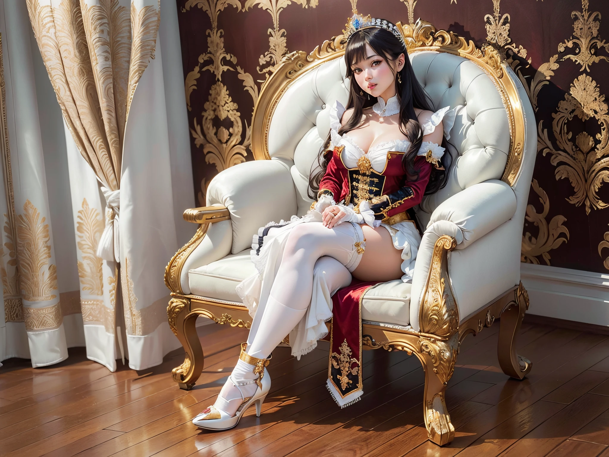 (Best Quality,4K,8K,hight resolution,masutepiece:1.2),Ultra-detailed,Realistic:1.37,Luxurious rococo golden throne on a throne room platform with intricate carvings and velvet upholstery,Gorgeous princess sitting cross-legged on the throne, Wear white long gloves, White stockings, and a white garter belt, White high-heeled shoes, have big breasts、showing a little nipple, Seen from the front, young and beautiful princess