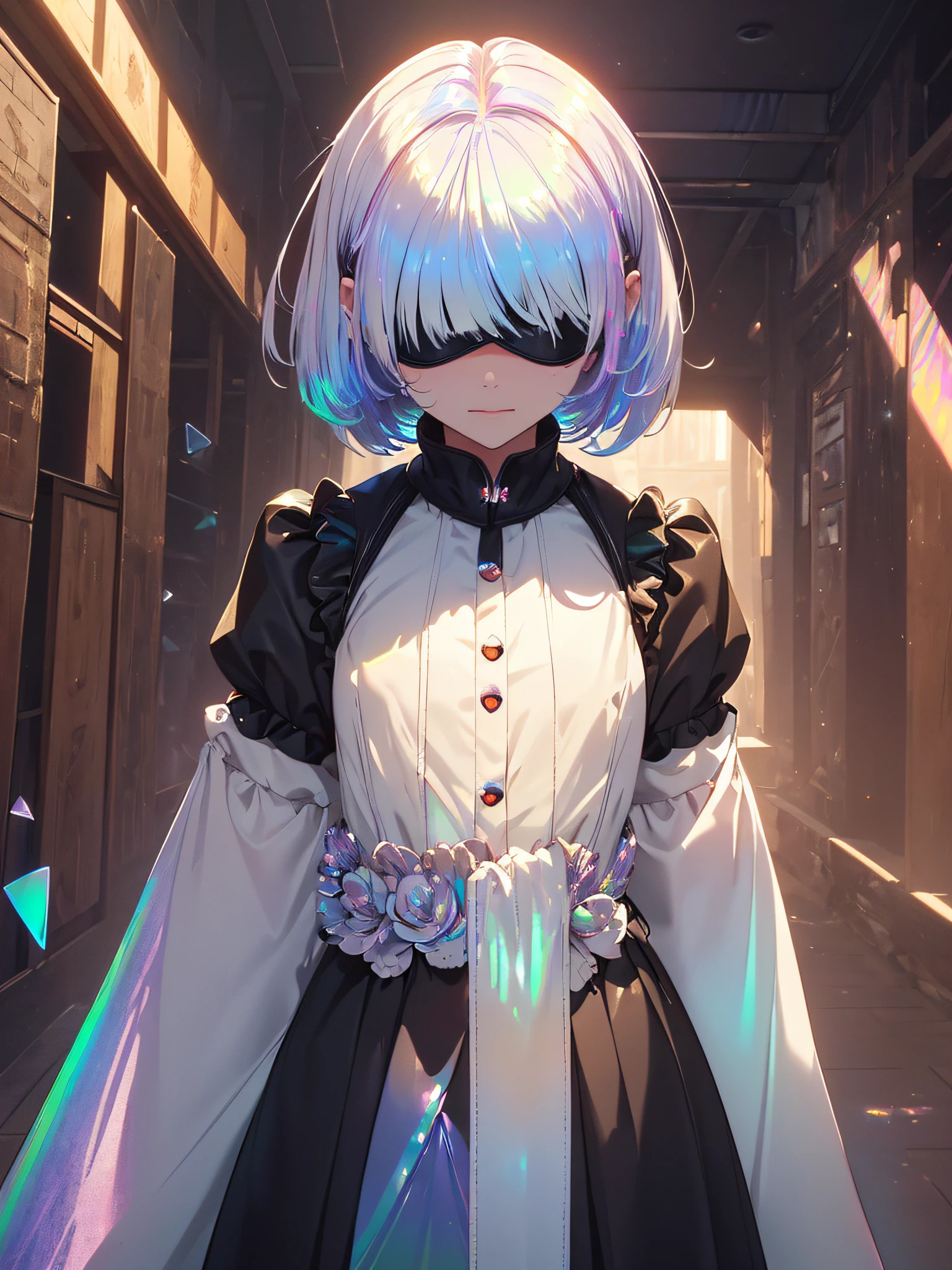 a girl, Blindfold full, covering her eyes completely, short bob hair, white hair, long sideburns, thick lips, small star mouth, old school black dress with sleeves, half smile, vase with withered black flowers, {wallpaper of extremely detailed 16k CG unit}, expansive landscape photography, (a low view focusing on the character and setting), (wide open field view), (low angle shot), (high light: 1.5), ( low light: 1.3), (warm light source: 1.5), complex details, (iridescent colors: 1.9), (bright lighting), (atmospheric lighting), dreamy, unique,