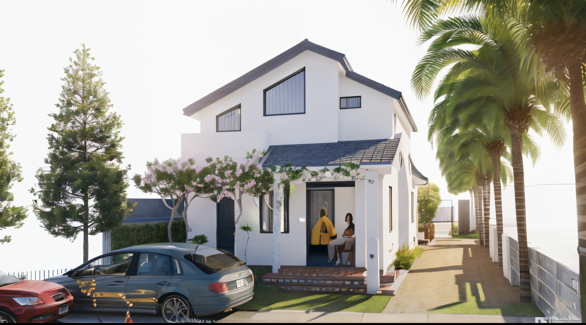 there is a small white house with a car parked in front of it, highly rendered!!, fully detailed render, realistic 3 d style, photorealistic style, architectural 3 d render, very realistic 3 d render, realistic render, very realistic render, semi - realistic render, photorealistic rendering, very detailed render, realistic rendering, high quality rendering, highly detailed render