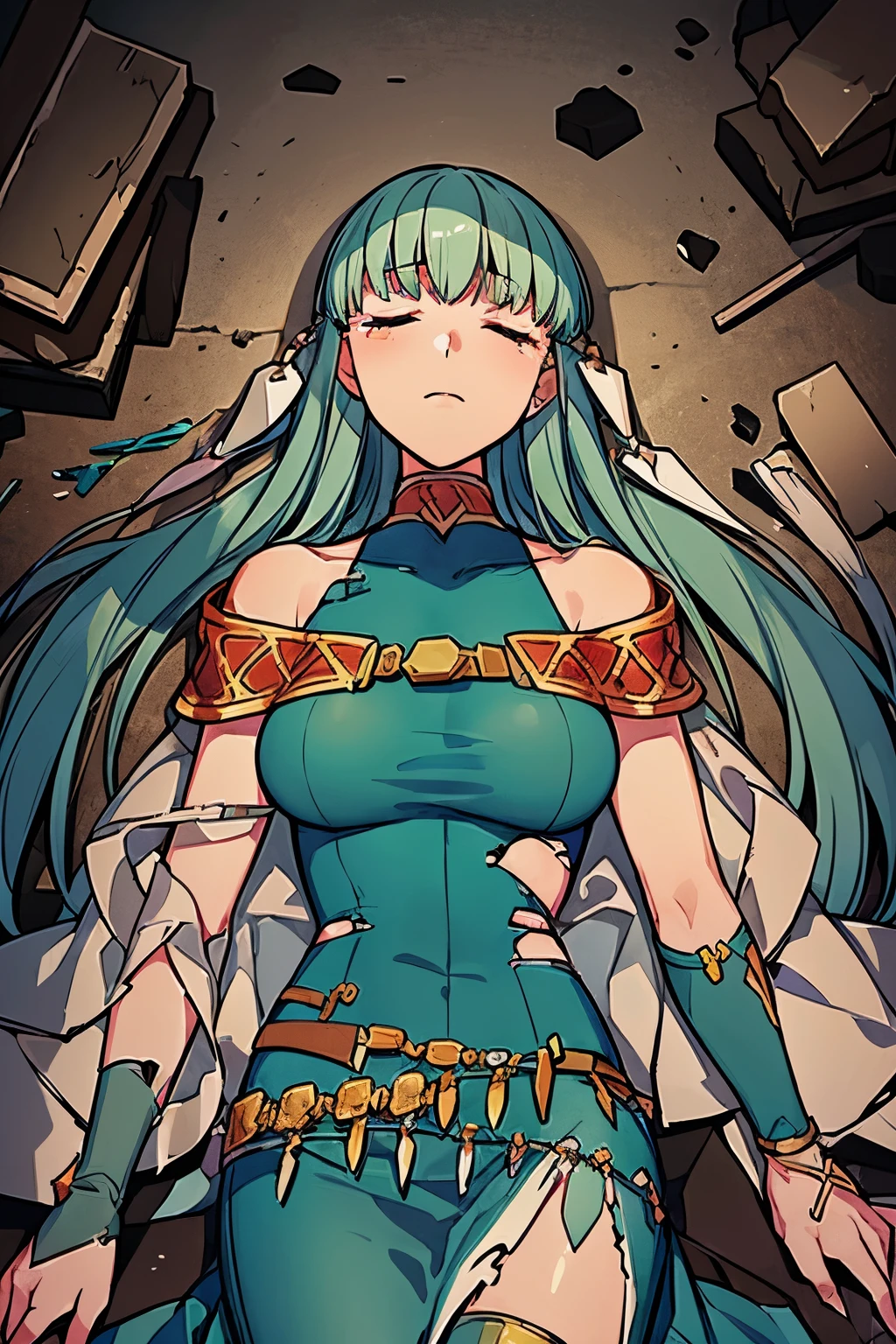 Ninian is lovingly languid in a crater after losing a tough battle, lieing lifeless and inert on debris, rubble, and weapons with torn pieces of fabric out of her dress. Her blue dress, despite being whole, has many rips and tears. She cannot move from her prone position lieing on her back, unable to open her eyes or breath. (Ninian), (blue hair, blue eyes, large shapely breast, long hair, clammy and damp face), (Dress), (long blue armored dress with indigo and silver breast plate, demolished armor in pieces, heavily torn dress, bare shoulders, more small jewlery, ripped and torn dress, languid in a dark grey murky field, anguished facial expression, closed eyes) (anguished closed eyes:1), (Ninian languid, prone on her back, defeated in rubble and weapons:1.5), Ninnian's dress and armor are shredded along the ground:1.0, armor shreds are shiny:1.0, Ninian is listless and motionless in a dark grey foggy field:1.0, Ninian is sullied and dirty:1.2, ( Ninian lieing in debris and broken metal pieces:1.0), inside has rubble and many pieces of broken spears, blades, and shields covering Ninian, (4K quality, high quality, 4k quality Ninian and dress:1.0), (solo, one person, 1girl:1.5), ninian fe, red eyes, long dress, jewelry, dancer