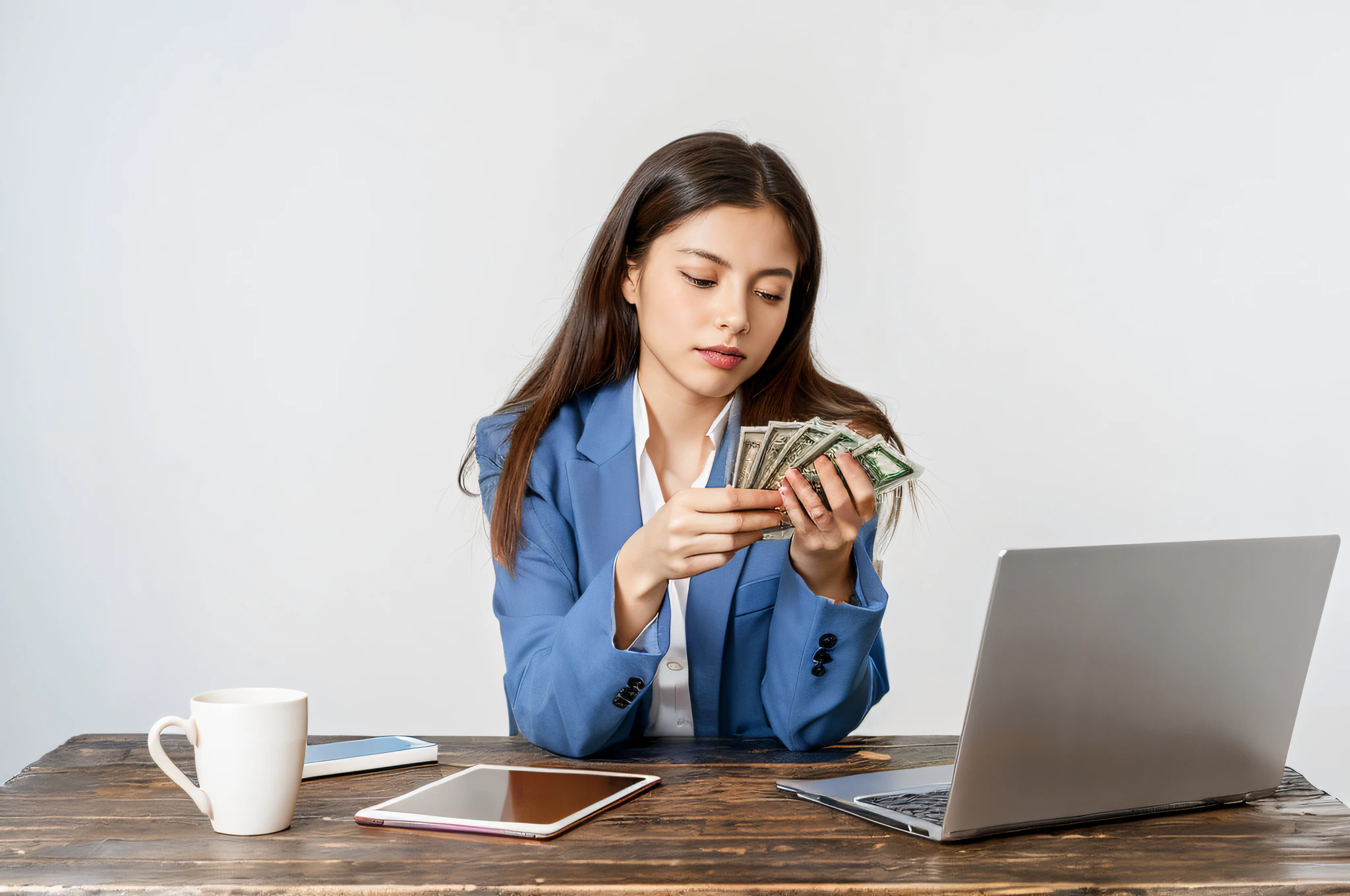 arafed woman in a blue jacket holding a stack of money in front of a laptop, sitting at a desk, young business woman, sitting at a computer, sitting at a computer desk, sitting at desk at keyboard, sitting at desk, witch paying for her sins, woman is sitting, high quality stock picture, sitting at a table