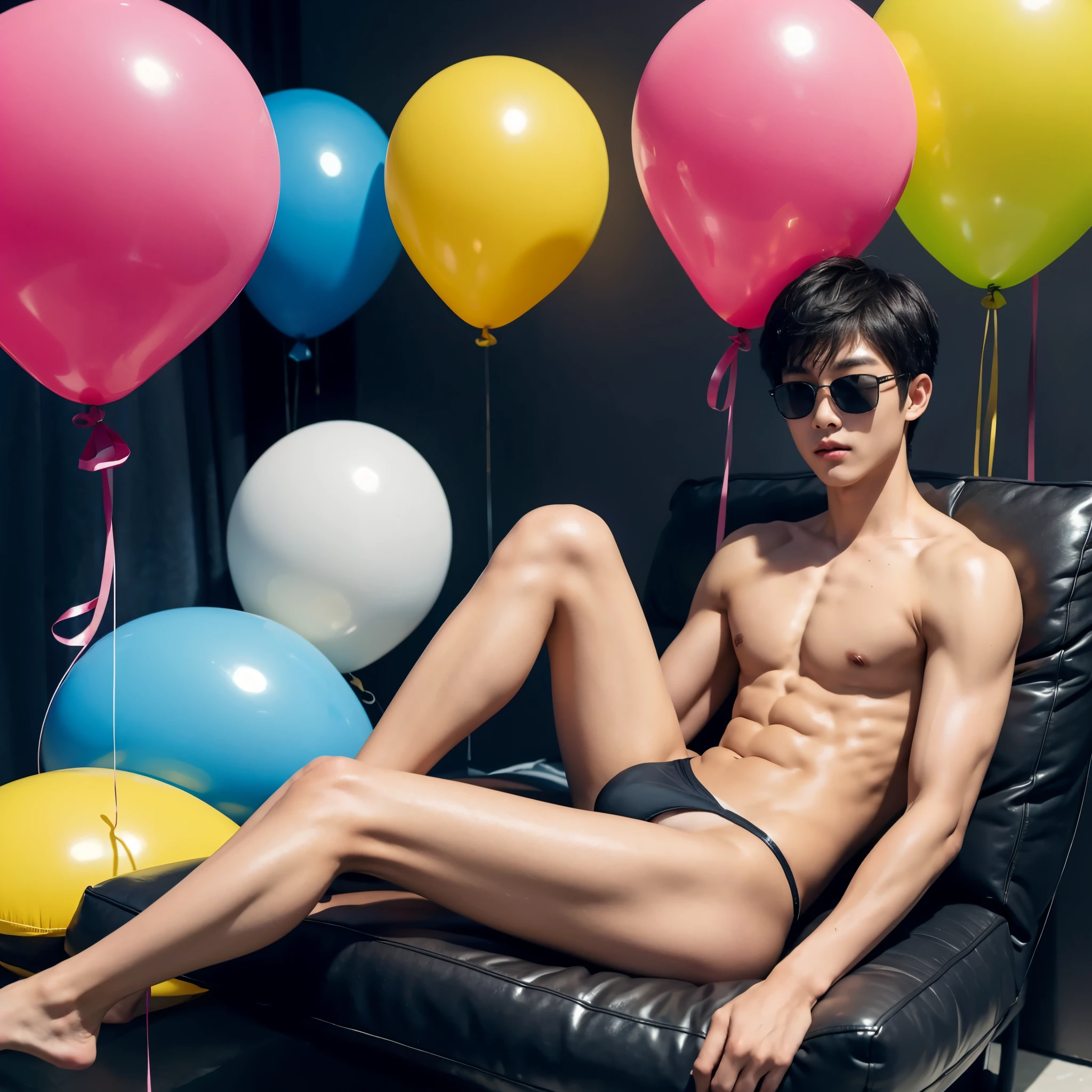 Korean boy, sitting on big balloon between legs, wearing speedos, shirtless, abs, thin body, hugging balloons, popping balloons, handsome, youthful, boyish, cute, black military sunglasses, photography, realistic, indoor soft lighting