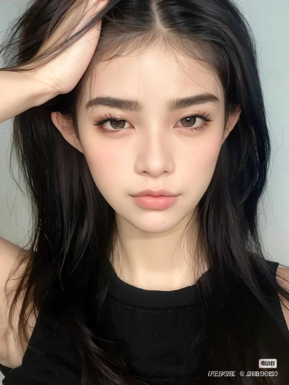 um close up de uma mulher com cabelos longos e um top preto, korean symmetrical face, cruel korean goth girl, beautiful aesthetic face, korean face features, pale round face, Ulzzang, olhar assustador, south east asian with round face, maquiagem sul-coreana popular, olhos vermelhos e um rosto magro, facial aesthetics, com rosto redondo, Rosto pontiagudo