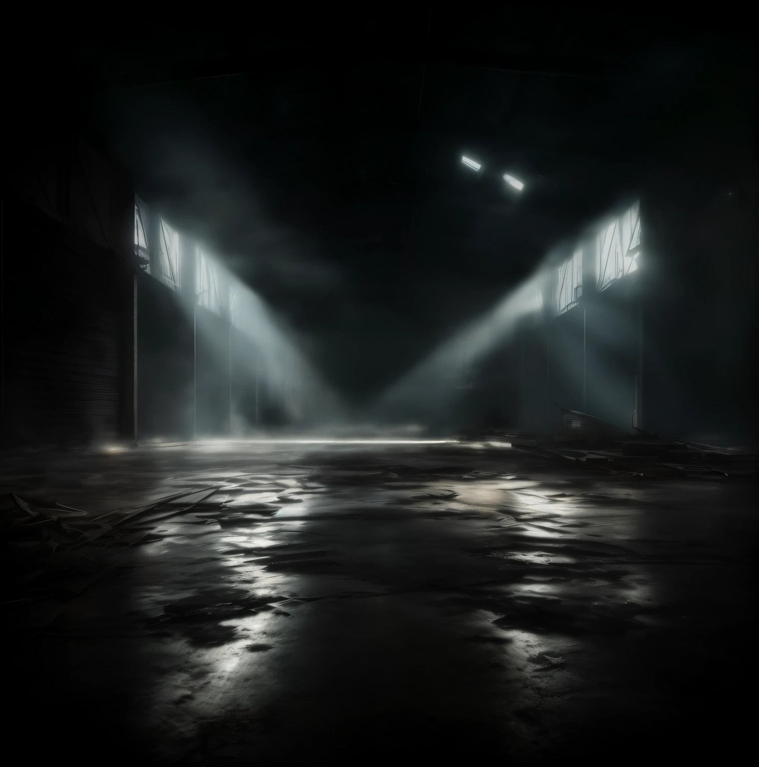 There is light coming from the ceiling, Hangar background, Abandoned night hangar, empty warehouse background， [[empty warehouse]] Background with, dark industrial background, Octagon rendering.  , dark industrial atmosphere, dramatic lights. concept-art, Dramatic lighting rendering，