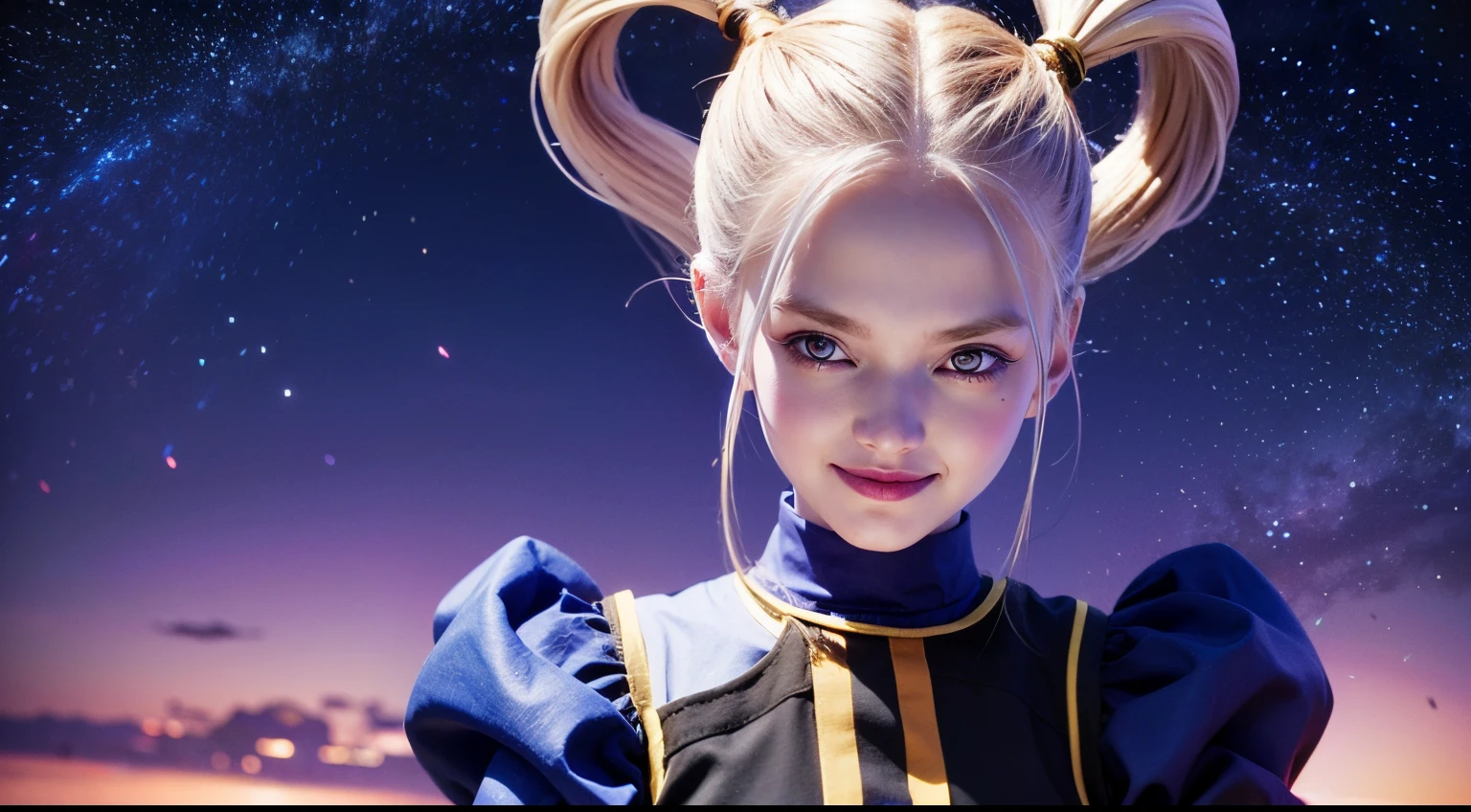 ((masterpiece,best quality)), absurdres, Marcarita_DB, solo, twintails, blue skin, blushing, smiling, detailed eyes, cowboy shot, space in background, cinematic composition,