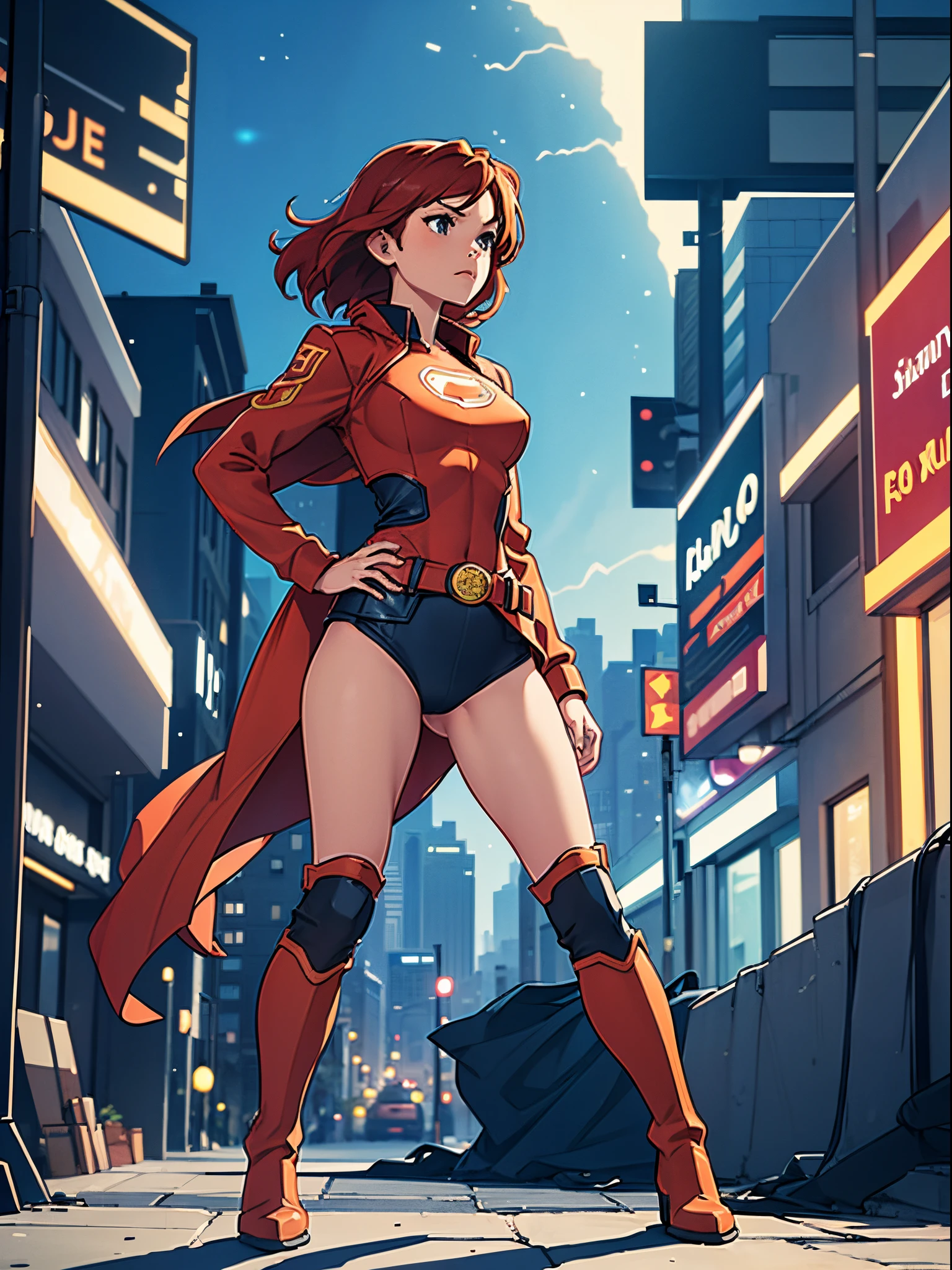 masterpiece, best quality, 1girl, superhero, leotard, bare legs, knee boots, matching boots, heroic, city backdrop, standing, body infused with energy, light particles, solo, single, cowboy shot, perfect anatomy, hand on hip, redhead, beautiful detailed eyes, belt