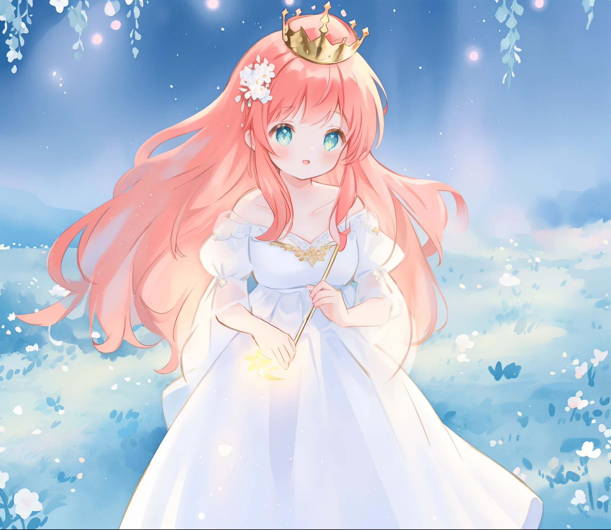beautiful girl in sparkling white ballgown, puffy flowing ballgown, sheer fluttering sleeves, glowing ballgown, long red gold hair, colorful fantasia background, delicate crown of white flowers on her head, watercolor illustration, glowing lights, beautiful digital illustration, fantasia otherworldly landscape plants flowers, beautiful, masterpiece, best quality