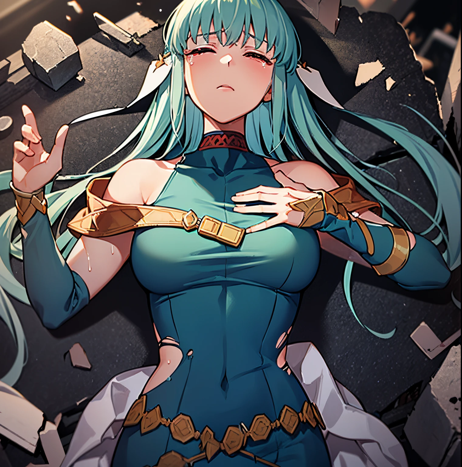 Ninian is lovingly languid in a crater after losing a tough battle, lieing lifeless and inert on debris, rubble, and weapons with torn pieces of fabric out of her dress. Her blue dress, despite being whole, has many rips and tears. She cannot move from her prone position lieing on her back, unable to open her eyes or breath. (Ninian), (blue hair, blue eyes, large shapely breast, long hair, clammy and damp face), (Dress), (long blue drenched dress, bare shoulders, more small jewlery, ripped and torn dress, languid in a dark grey murky field, anguished facial expression, closed eyes) (anguished closed eyes:1), (Ninian languid, prone on her back, defeated in rubble and weapons:1.5), Ninian is listless and motionless in a dark grey foggy field:1.0, Ninian is sullied and dirty:1.2, ( Ninian lieing in debris and broken metal pieces:1.0), inside has rubble and many pieces of broken spears, blades, and shields covering Ninian, (4K quality, high quality, 4k quality Ninian and dress:1.0), (solo, one person, 1girl:1.5), ninian fe, red eyes, long dress, jewelry, dancer