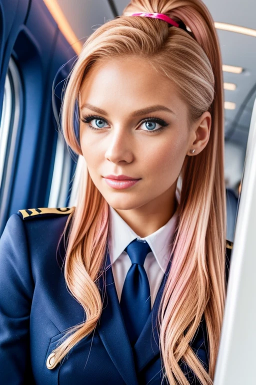Petite 30 year old flight attendant with light strawberryblonde hair in a ponytail and striking blue eyes wearing eye liner, pink lips, in a uniform, detailed face