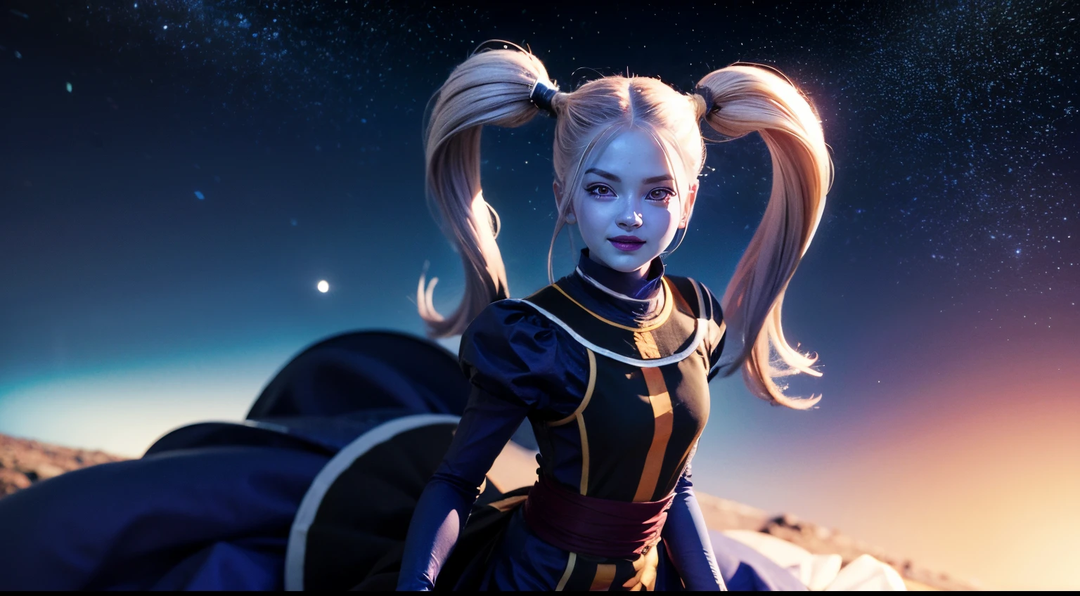 ((masterpiece,best quality)), absurdres, Marcarita_DB, solo, twintails, blue skin, blushing, smiling, detailed eyes, cowboy shot, space in background, cinematic composition,