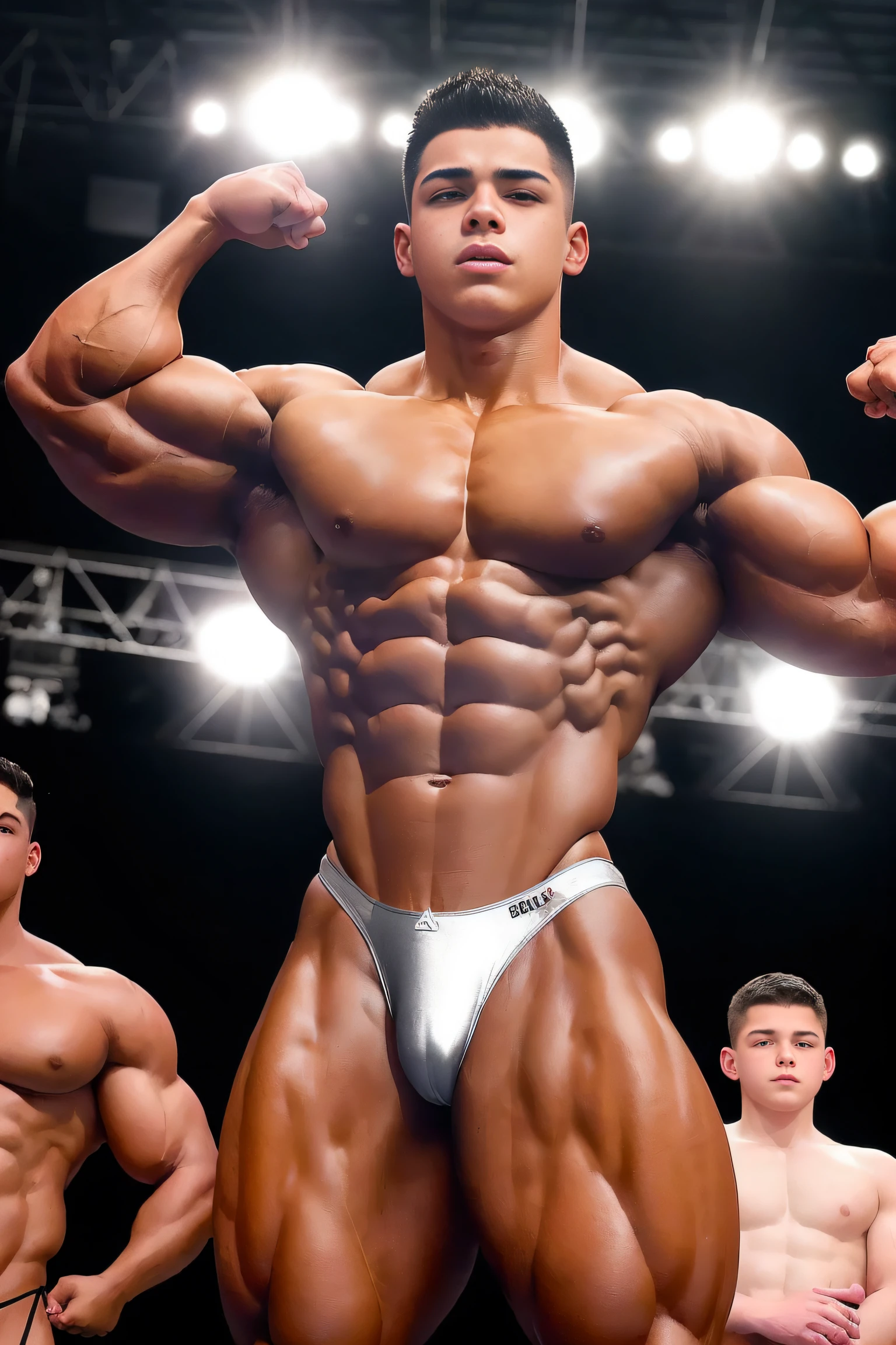 (Dark boy) A two  boys in the bodybuilding competition, (2 boys) on stage with others bodybuilders at his sides of 15 yxican ethnicity) wearing a tiny thong (metallic color: silver thong) tan skin massive muscular bodybuilder with extraordinary biceps pectorals triceps traps, plump, Gigachad