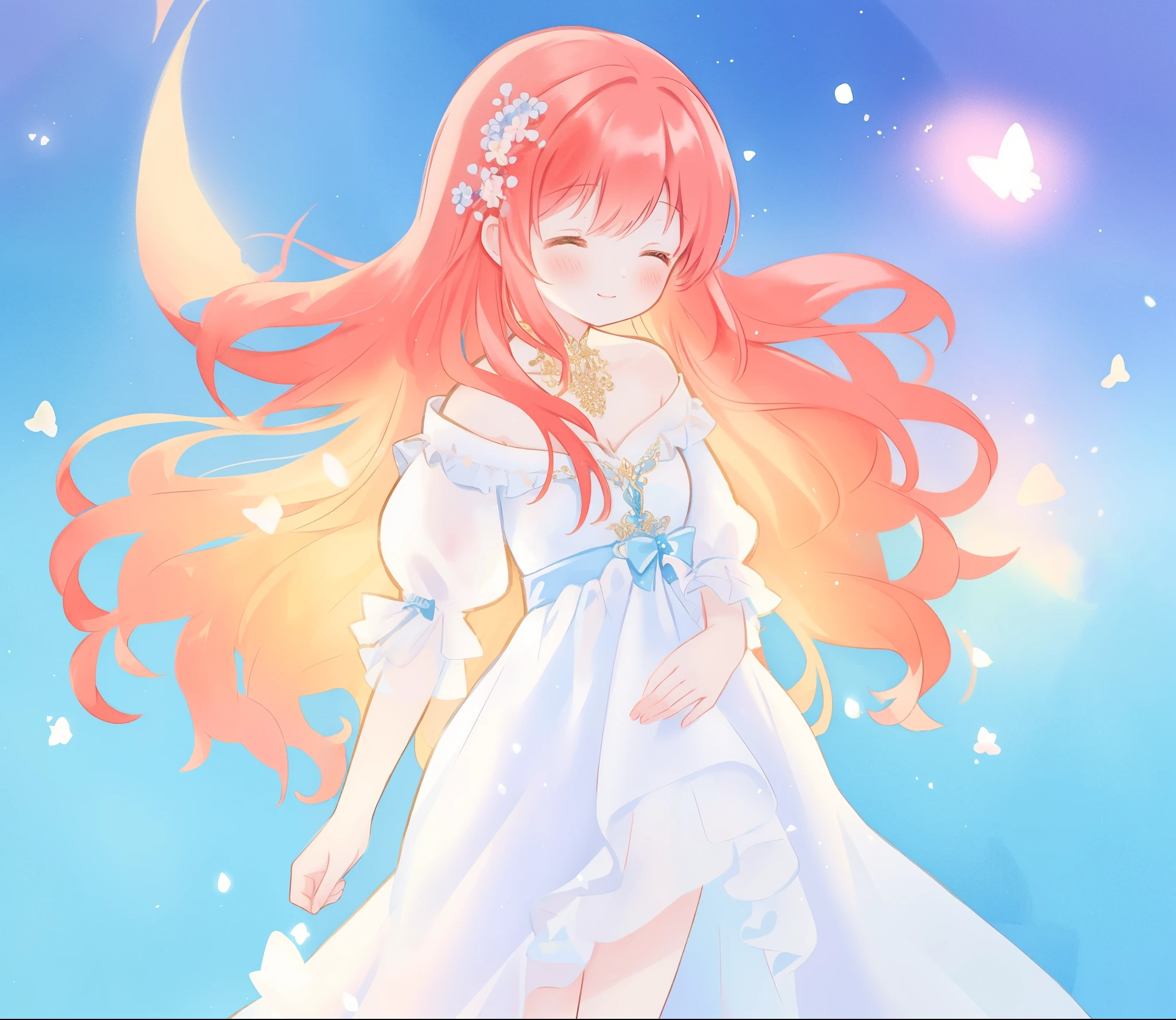 beautiful fairy girl in sparkling white layered dress, puffy flowing dress, sheer fluttering sleeves, sparkling ballgown, long red gold hair, colorful fantasia background, delicate white flowers, watercolor illustration, beautiful, masterpiece, best quality