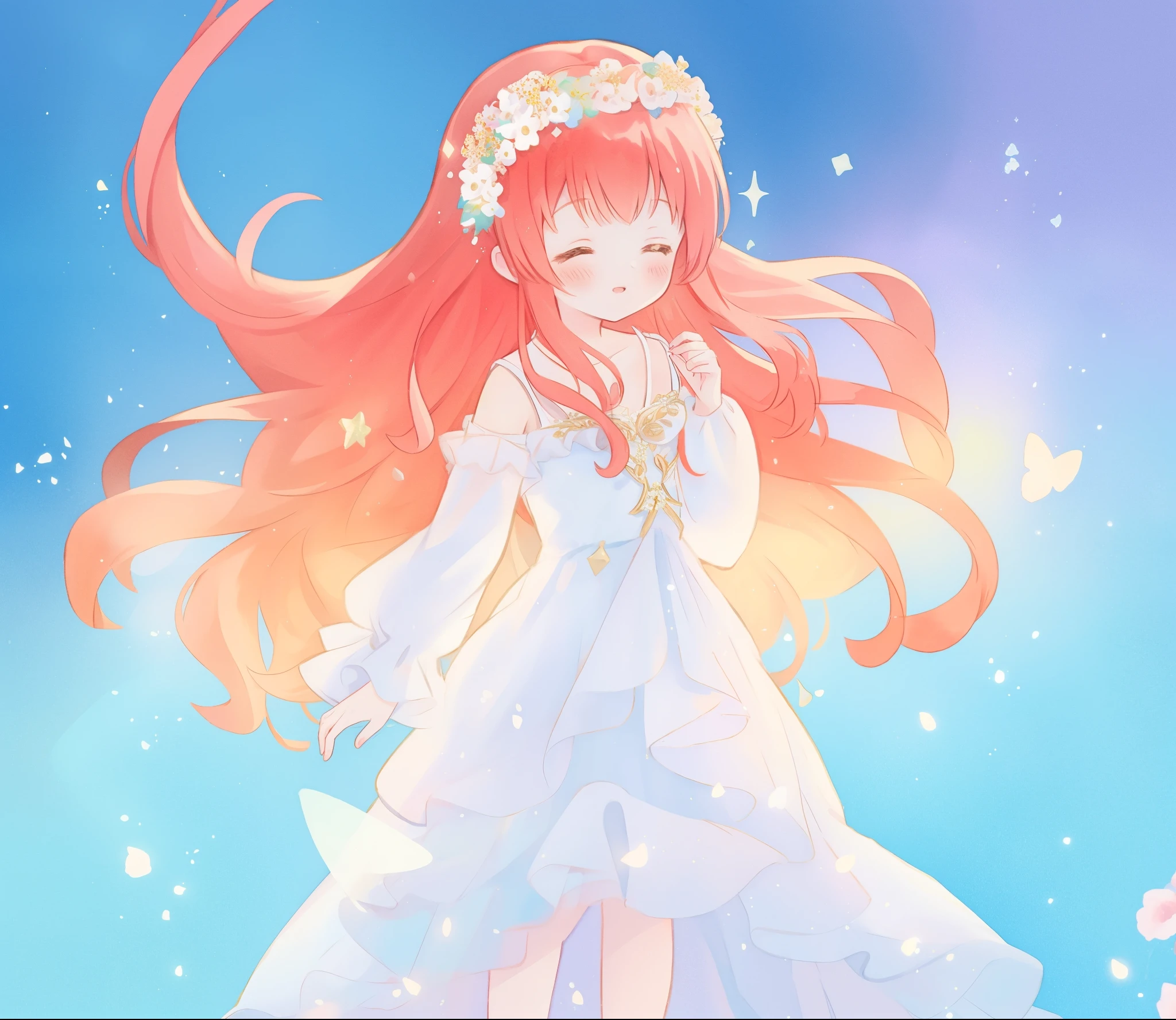 beautiful fairy girl in sparkling white layered dress, puffy flowing dress, sheer fluttering sleeves, sparkling ballgown, long red gold hair, colorful fantasia background, delicate white flowers, watercolor illustration, beautiful, masterpiece, best quality