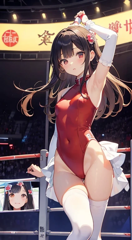 top-quality、extremely delicate and beautiful、Soio、Soio、Idol、 girl、japanes、Lori、Chiquita、A dark-haired、((White and red leotard))、、Stand in the ring of professional wrestling、knee high socks