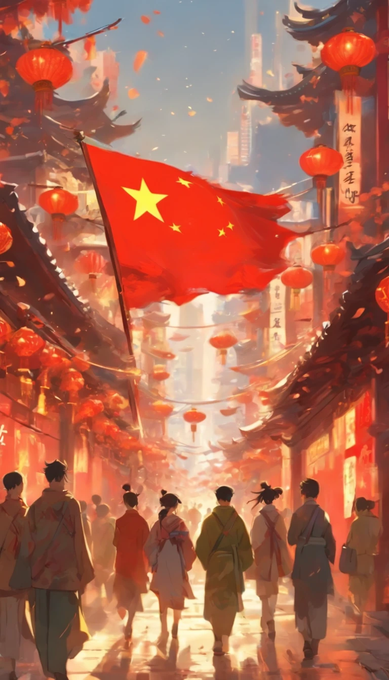 Big Chinese flag in the center、People walking in prosperous Beijing々