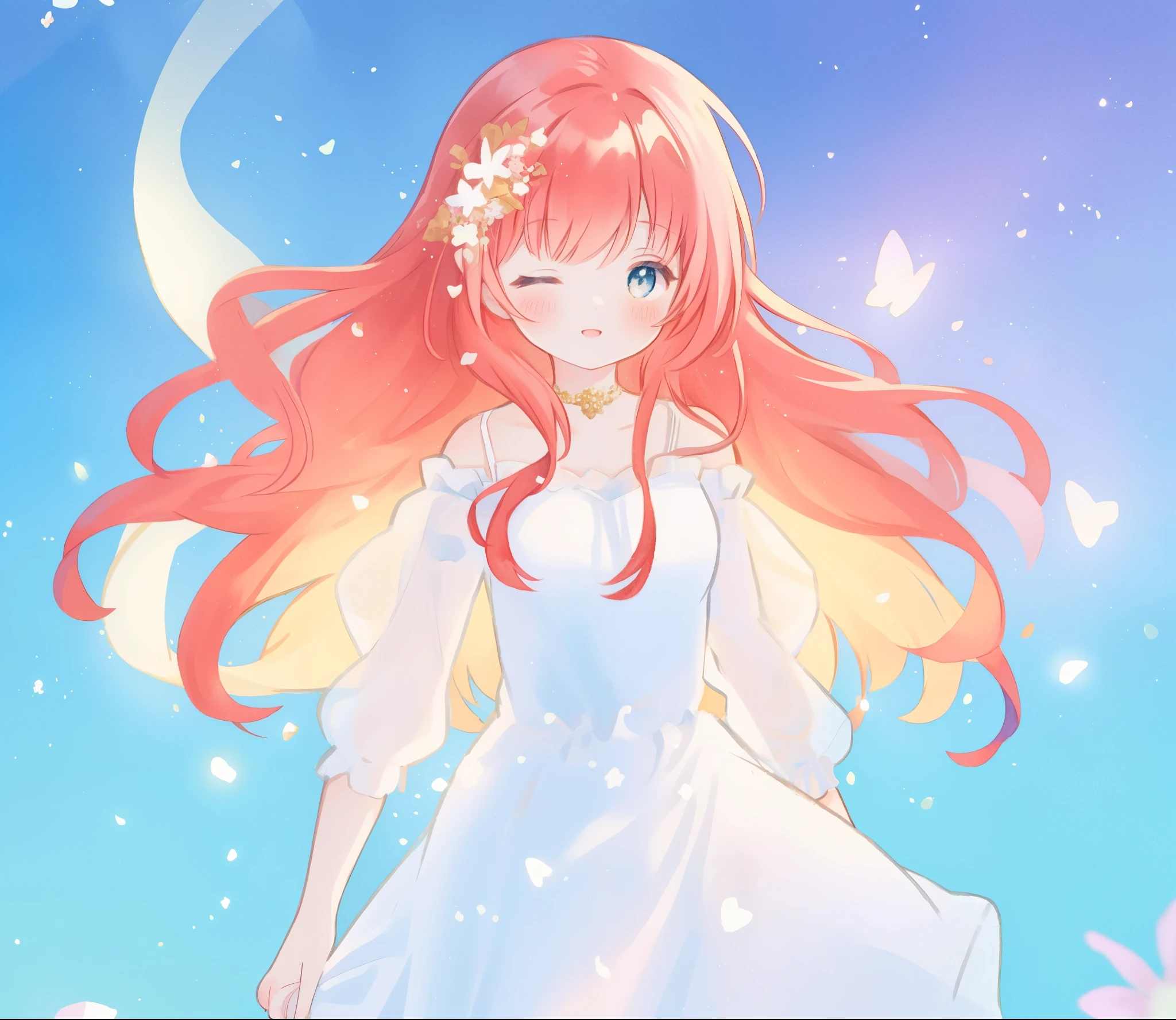beautiful fairy girl in sparkling white layered dress, puffy flowing dress, sheer fluttering sleeves, sparkling ballgown, long red gold hair, colorful fantasia background, delicate white flowers, watercolor illustration, beautiful, masterpiece, best quality