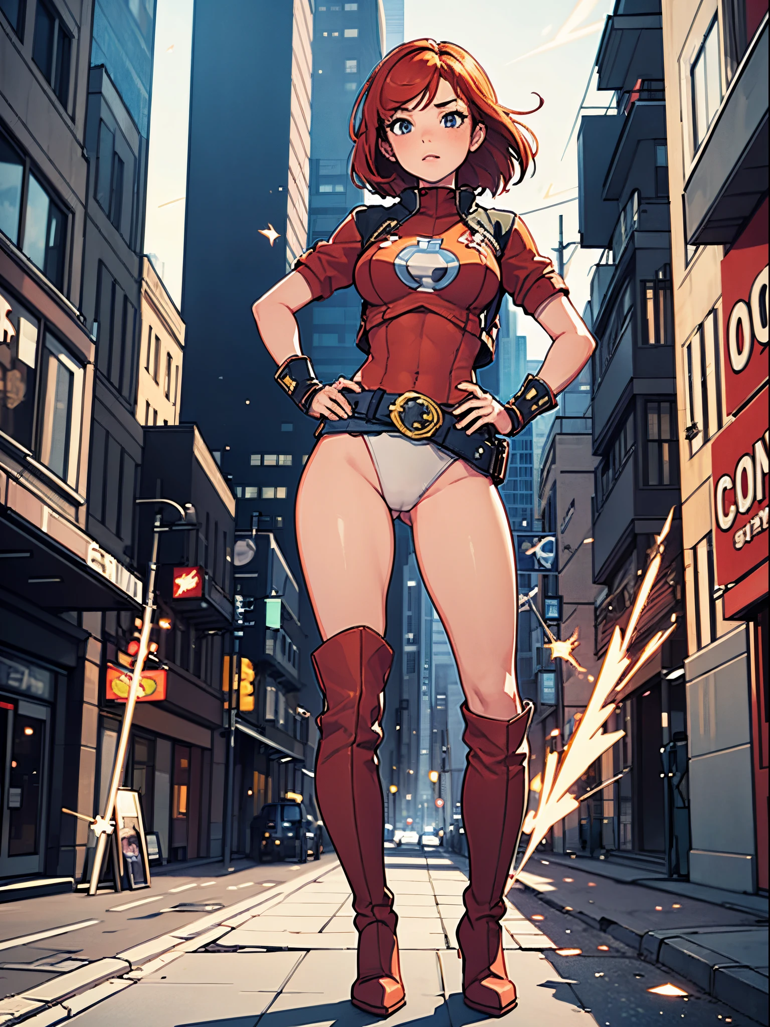 masterpiece, best quality, 1girl, superhero, leotard, bare legs, knee boots, matching boots, heroic, city backdrop, standing, body infused with energy, light particles, solo, single, cowboy shot, perfect anatomy, hand on hip, redhead, beautiful detailed eyes, belt