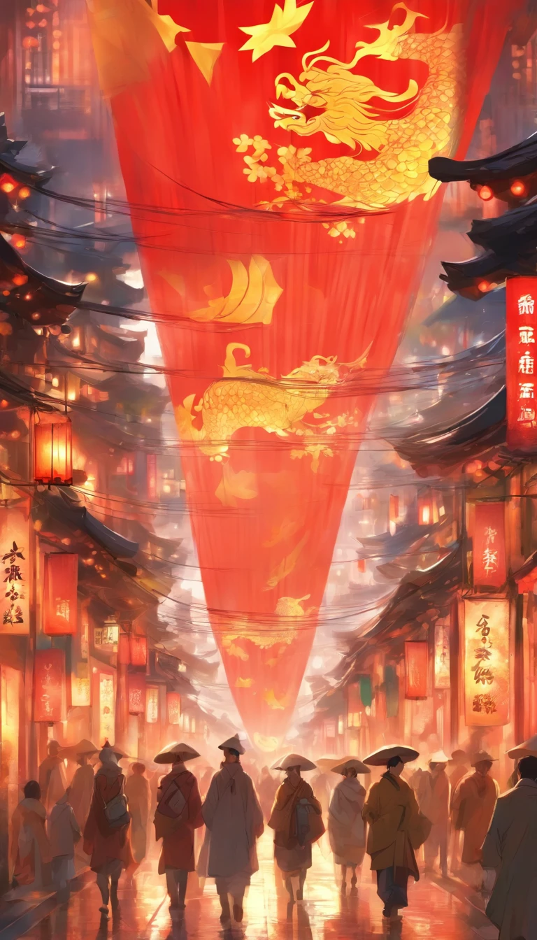Big Chinese flag in the center、People walking through a prosperous Chinese metropolis々