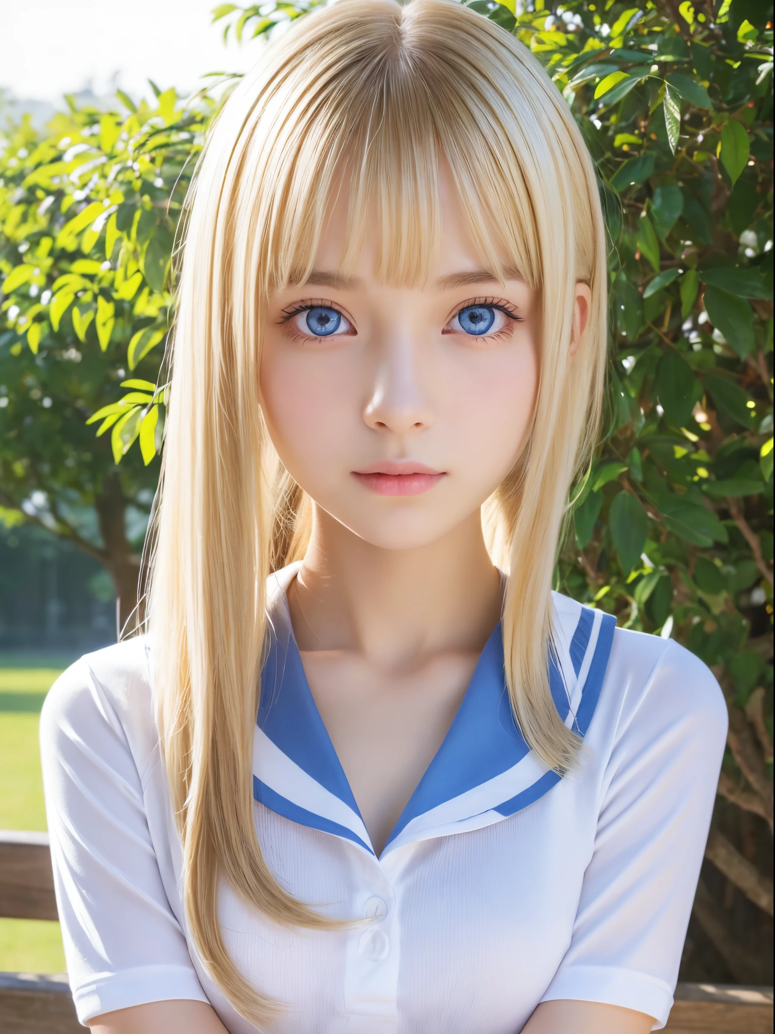 girl、Very adorable face、A very dear face、bright expression、Authentic photo quality、Extraordinary sexy beauty、white, shiny smooth white skin、poneyTail、Beautiful bangs、((Smooth and shiny super long natural blonde)),Super Long Straight Silky Hair、Looking at the camera、Very perfect cute beautiful sexy young littan、Very perfect beautiful and cute face、Beautiful, Clear, big eye、pale light blue eyes、large full breasts、student clothes、japanese sailor suits、Pretty Face、Small face beauty、Gloss Face、Teak Gloss、Glowing marine blue eyes