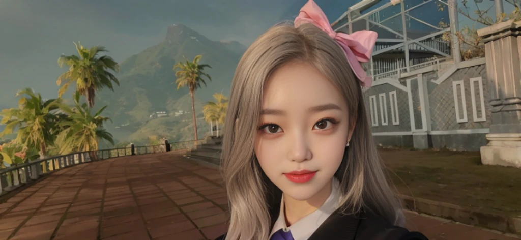 Gray eyes, Korean school uniform, summer school uniform shirt, ribbon tie, skirt, bright blonde, school stairs, going down school stairs, chest thrusting pose, chest bragging pose, 8k raw photo, high resolution, cool Korean at , very big round breasts, beautiful eyes in detail, long eyelashes, beautiful double eyelids, eyeshadow, eyeliner, slender eyes, elongated eye shape, Sanpaku eyes, evil smile, evil look, beautiful very thin legs, beautiful very thin thighs, random medium hair, hair tied behind the head, earrings,