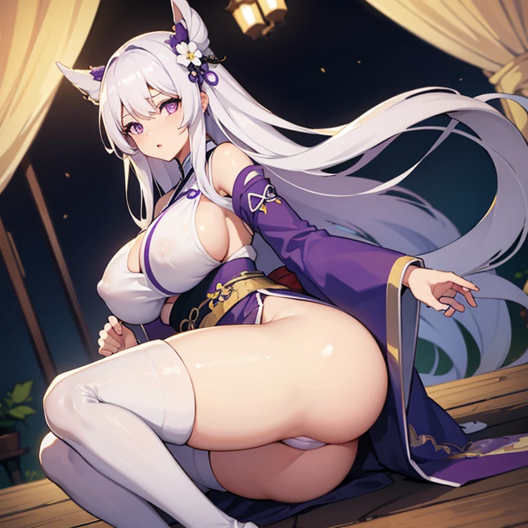 girl, long white hair, purple eyes, big boobs, big butt, big thighs, hanfu