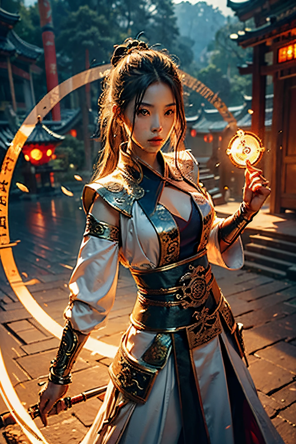 Best quality,masterpiece,ultra high res,(photorealistic:1.4),xiuxian,weapon,Detailed face,
1girl,solo,weapon,cleavage,(magic circle:1.2),xiuxian,upper body,Beautiful girl,big breasts body,east asian architecture,sheath,architecture,