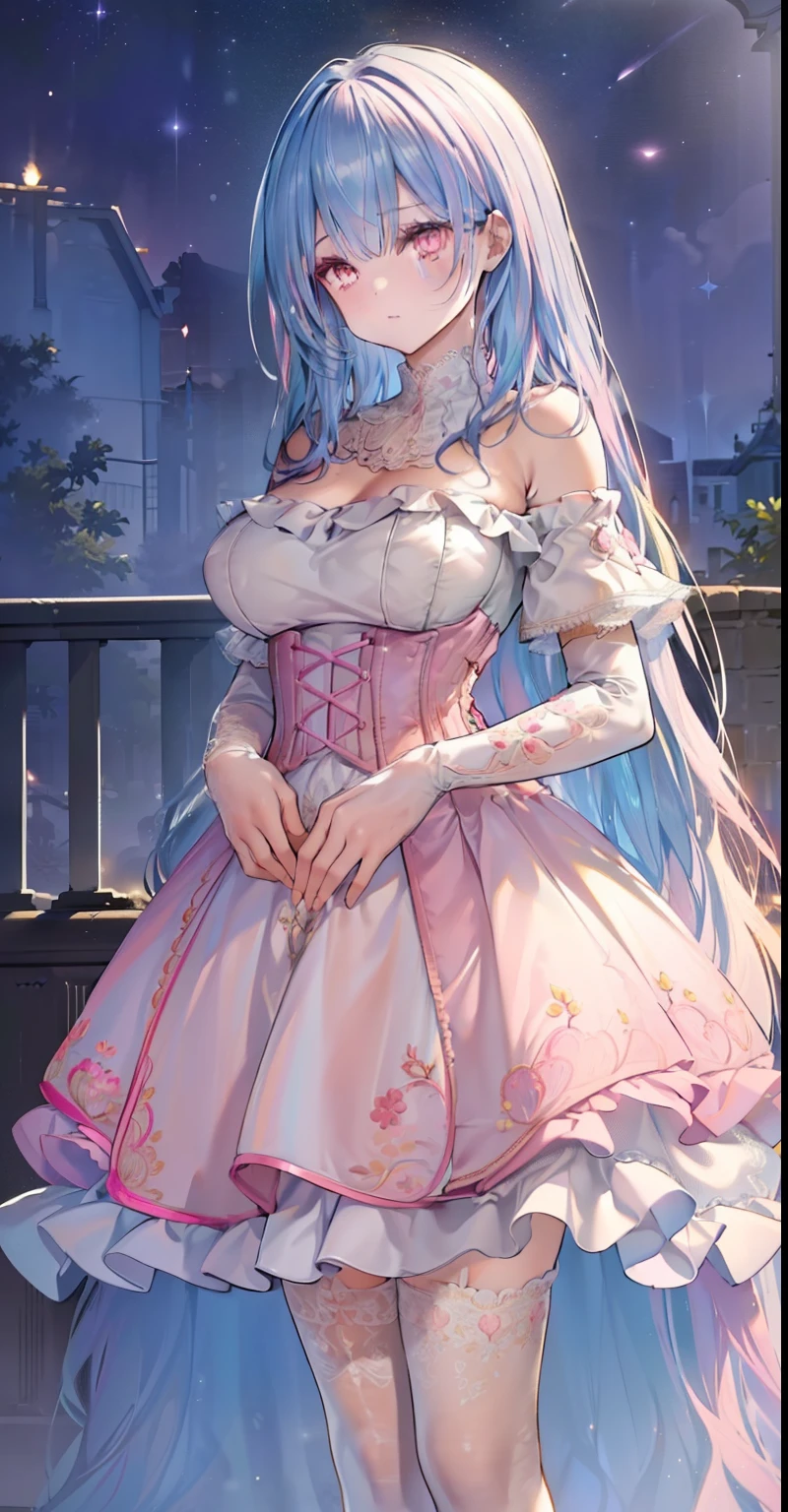 2girls, k pop idol face:1.2, standing side by side, seductive smile, fullbody, hug,:),( medium breasts:1.3),(various color long wavy hair, elaborately lace high detailed designed pink frilled long medival dress, high detailed corset:1.3) ,(pink color off-shoulder dress,high detailed clothes:1.3), (u200eVIP lounge:1.2), (frills,beautiful embroidery :1.4), (elaborate lace- high detailed thighhighs,elbow gloves:1.2),french_braid , hair_ornament, shiny_clothes, (night:1.3), ,(perfect lighting,side lighting,light leak,shiny skin,:1.2), (best quality), (masterpiece), detailed, ),an extremely delicate and beautiful,, full body, nsfw:1.3 s
