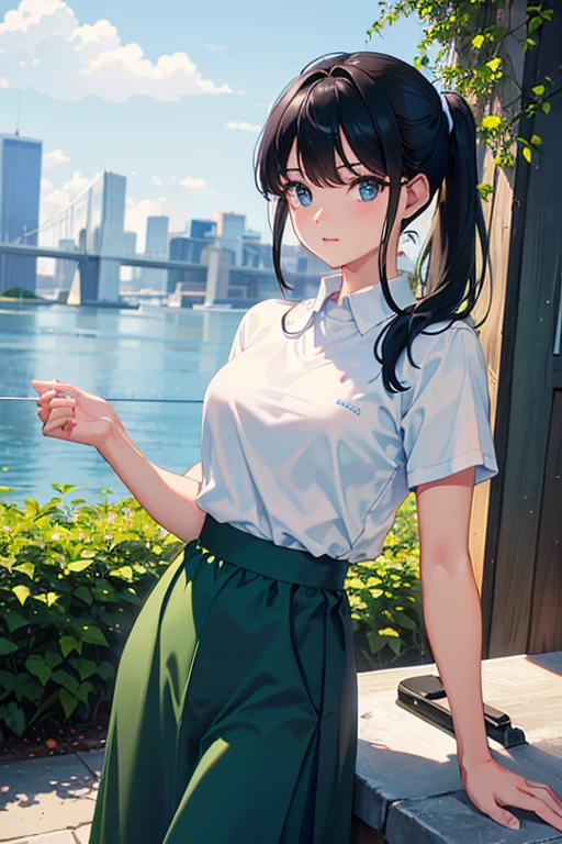 1girl, pony tail black hair, blue eyes, wearing plain white shirt, long green skirt, city, absudres, high res, ultrasharp, 8k, masterpiece, looking at viewer