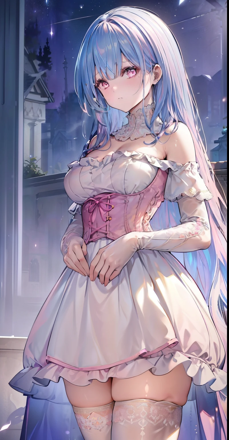 2girls, k pop idol face:1.2, standing side by side, seductive smile, fullbody, hug,:),( medium breasts:1.3),(various color long wavy hair, elaborately lace high detailed designed pink frilled long medival dress, high detailed corset:1.3) ,(pink color off-shoulder dress,high detailed clothes:1.3), (u200eVIP lounge:1.2), (frills,beautiful embroidery :1.4), (elaborate lace- high detailed thighhighs,elbow gloves:1.2),french_braid , hair_ornament, shiny_clothes, (night:1.3), ,(perfect lighting,side lighting,light leak,shiny skin,:1.2), (best quality), (masterpiece), detailed, ),an extremely delicate and beautiful,, full body, nsfw:1.3 s