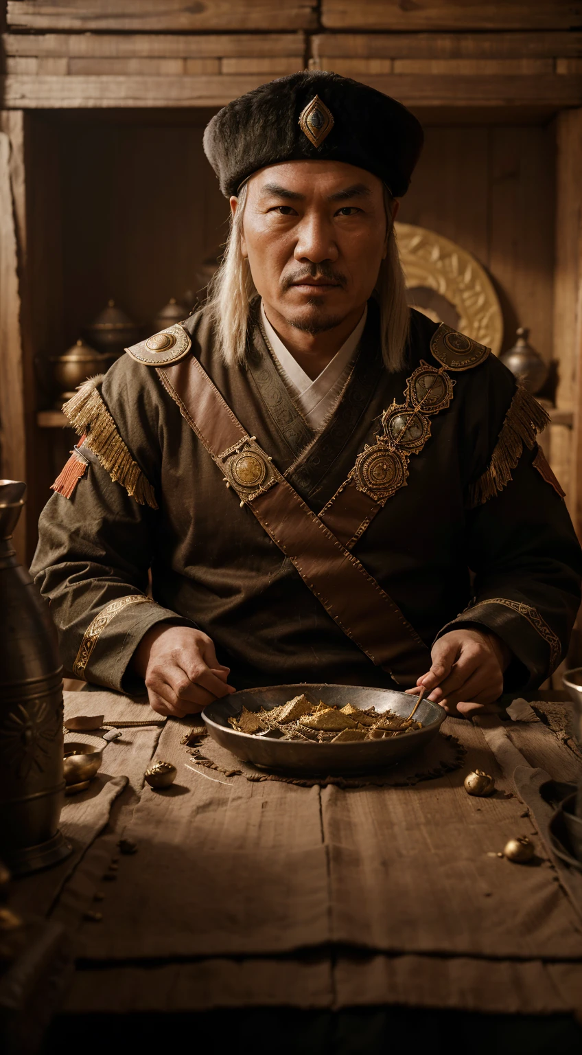 "Generate a thought-provoking visual representation in 8K that encapsulates the complex legacy of Genghis Khan. Use symbolic elements to convey the dual nature of his impact on history, incorporating elements of conquest and unity. Employ hyperrealistic rendering to depict contrasting scenes, such as military triumphs alongside moments of cultural exchange and collaboration. Utilize HDR techniques to emphasize the nuanced emotions associated with ((Genghis Khan's legacy)). Implement Unreal Engine v5 for a seamless blend of 3D rendering and high-resolution professional photography, creating a visually rich narrative that invites contemplation on the multifaceted aspects of Khan's historical influence."