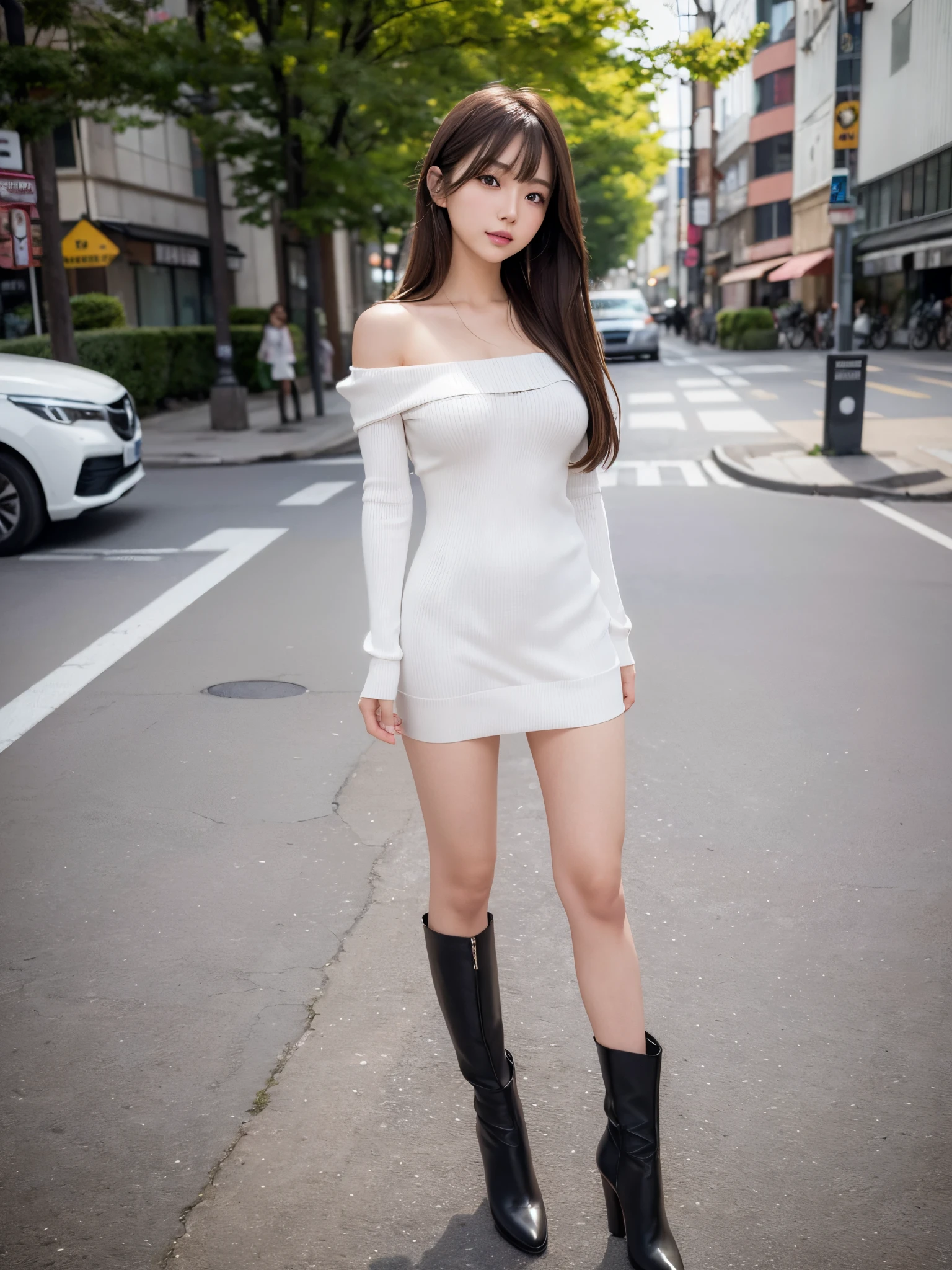 ((masterpiece)), ((best quality)), (ultra-detailed), realistic, real, a Japanese young pretty woman , glamorous figure ,dynamic angle, full body shot, city, town, autumn, a cute girl, 1girl, solo, Warm white off-shoulder knit top, black miniskirt, black knee-high boots, ((beautiful eyes)), long hair, large breast, smile, hyper cute face, glossy lips, double eyelids in both eyes, natural makeup, shiny smooth light brown long bob hair, asymmetrical bangs, a tanned skin, central image, high resolution, high detail, detailed hairstyle, detailed face, spectacular cinematic lighting, octane rendering, vibrant, hyper realistic, perfect limbs, perfect anatomy
