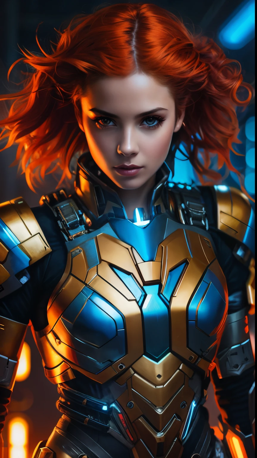 un primer plano de una mujer con un traje futurista y cabello rojo, girl in mecha cyber armor, Chica con armadura de caballero, Cibertrajes, Chica armadura, Cyberpunk pelirroja femenina, Cibertraje, sci-fi female, Retrato Hermosa Sci - FI Girl, Hermosa chica cyborg, Foto de moda cyborg, Wojtek FUS, CGsociety 8 K, CGsociety 8K