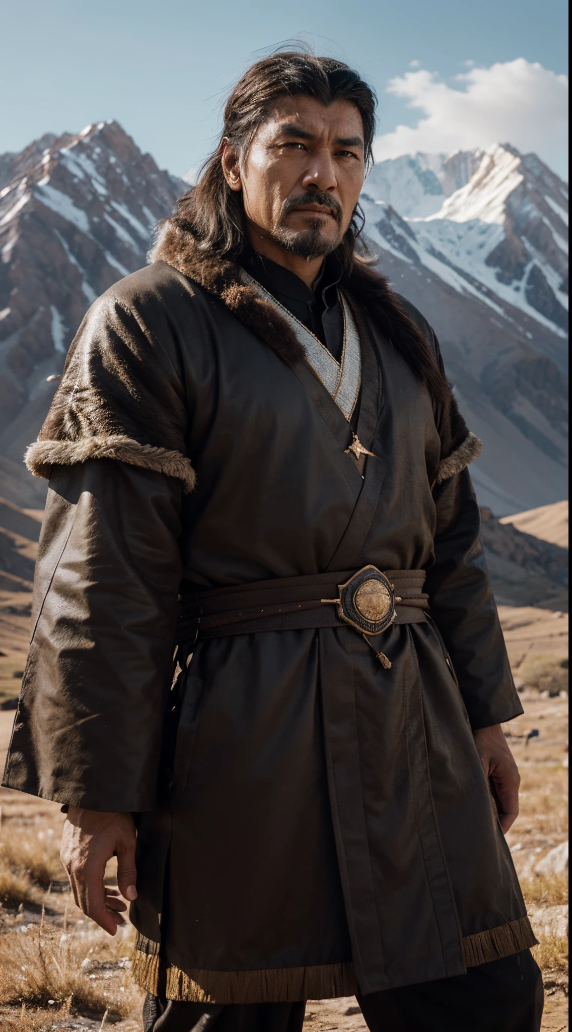 "Generate a compelling 8K image depicting Genghis Khan as a visionary leader who rose from nomadic origins. Emphasize hyperrealistic details in portraying Khan's leadership qualities, capturing the determination and foresight in his gaze. Showcase the nomadic landscape in the background, symbolizing his humble beginnings. Utilize HDR techniques to enhance the contrast between the vast nomadic terrain and the impactful presence of Khan. Implement Unreal Engine v5 for a seamless blend of 3D rendering and high-resolution professional photography, creating a visually striking representation that highlights Khan's journey from nomadic roots to visionary leadership."