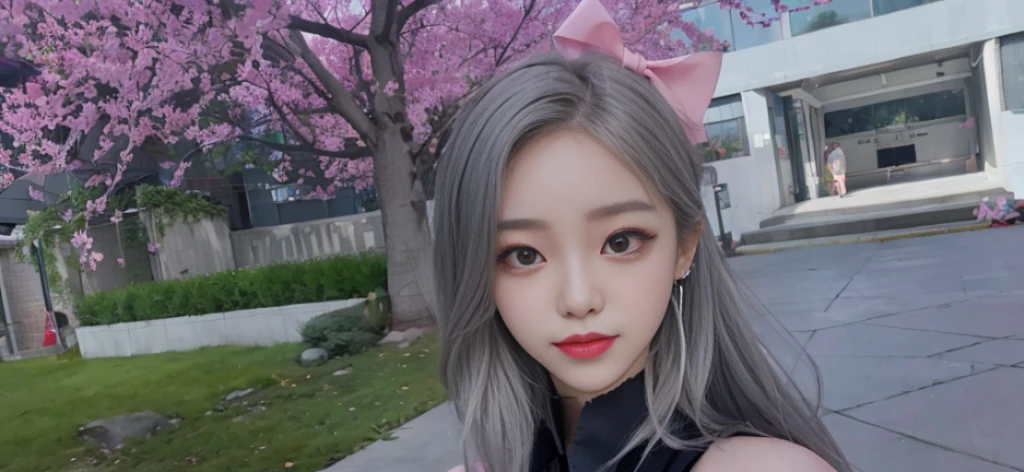 Gray eyes, Korean school uniform, summer school uniform shirt, ribbon tie, skirt, bright blonde, school stairs, going down school stairs, chest thrusting pose, chest bragging pose, 8k raw photo, high resolution, cool Korean at , very big round breasts, beautiful eyes in detail, long eyelashes, beautiful double eyelids, eyeshadow, eyeliner, slender eyes, elongated eye shape, Sanpaku eyes, evil smile, evil look, beautiful very thin legs, beautiful very thin thighs, random medium hair, hair tied behind the head, earrings,