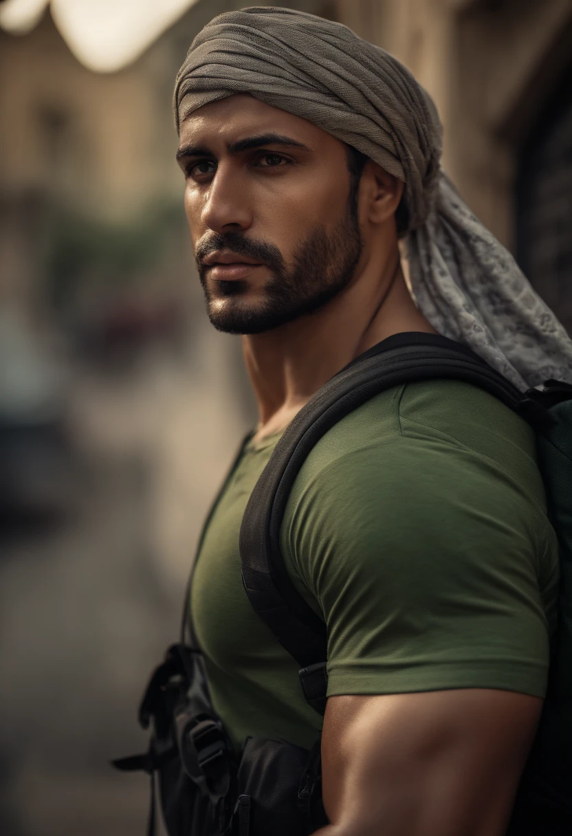 Strong muscular man, street rage, backpack, epic realism, photo, faded, complex stuff around, complex background, wet, neutral colors, ((((hdr)))), (((( muted colors)))), complex scene, artstation, intricate details, vignette, Palestine headscarf on his neck, green t-shirt