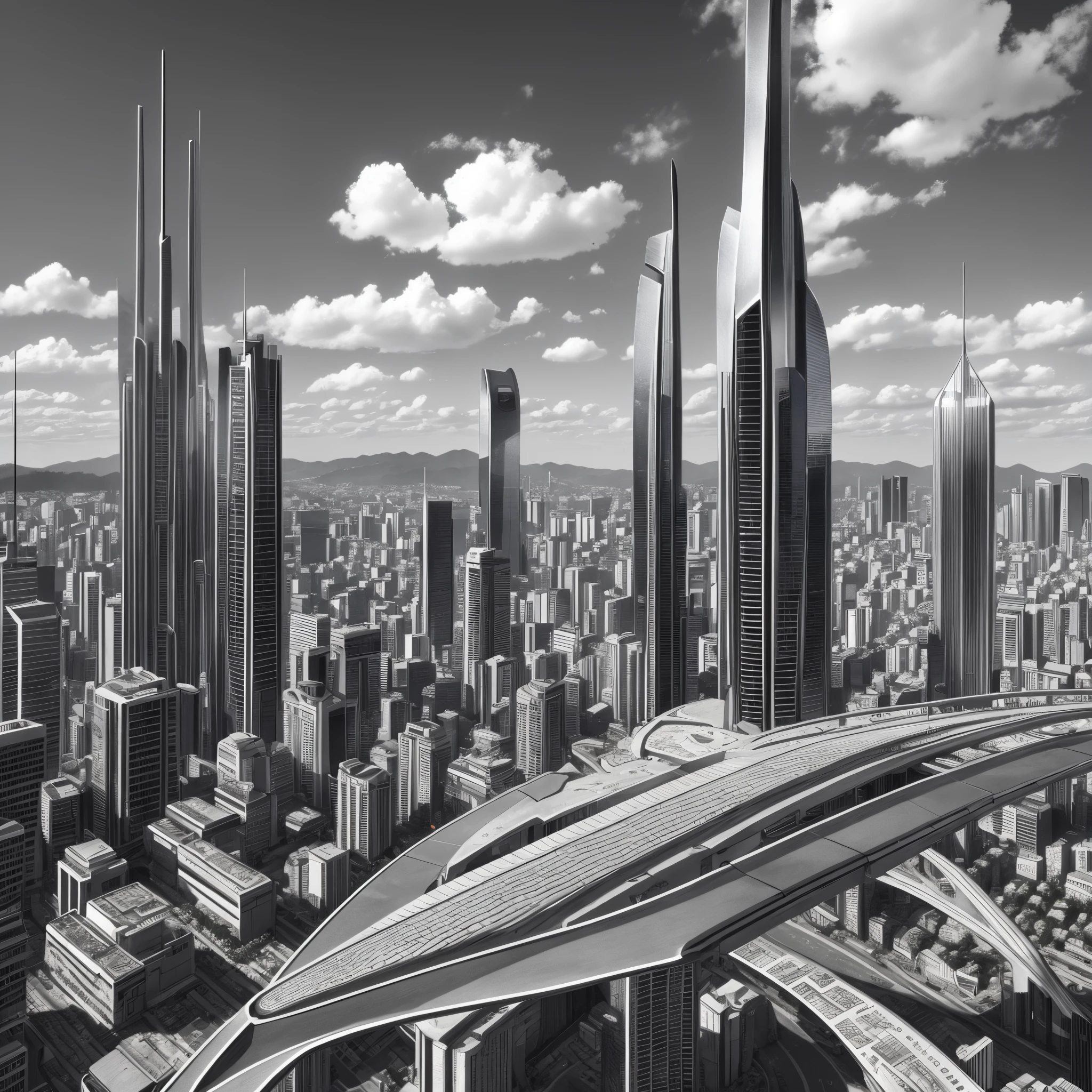 "Masterpiece, better quality, ultra-realistic details, perfect lighting and shadows, digital painting, monochrome, depicting the city of Curitiba in a futuristic style." --auto --s2